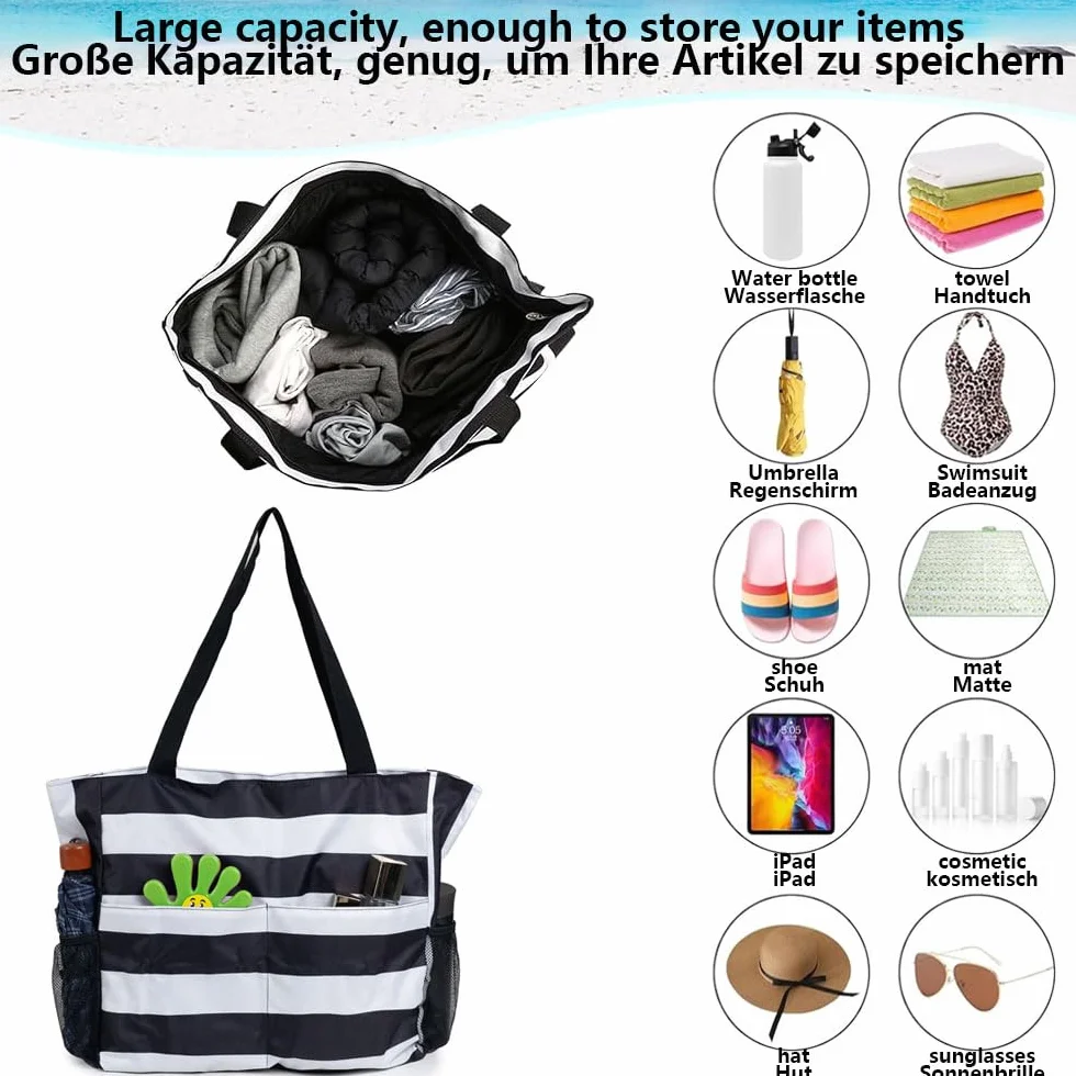 Damska torba plażowa wodoodporna 43x38x15 cm z zamkiem błyskawicznym wieloma kieszeniami