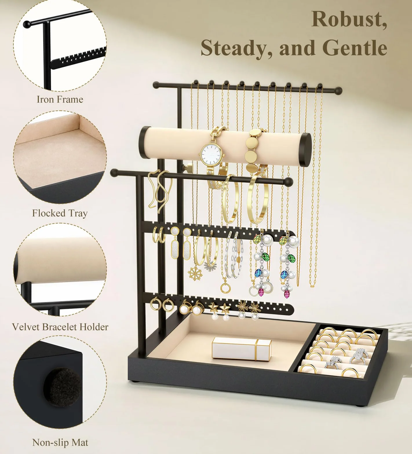 Emibele Necklace Holder, Jewelry Organizer Stand with Velvet Tray, Jewelry Organizer Tower for Earrings, Bracelets and Necklaces, Elegant Necklace Tower Accessory Storage Gifts for Women, Black