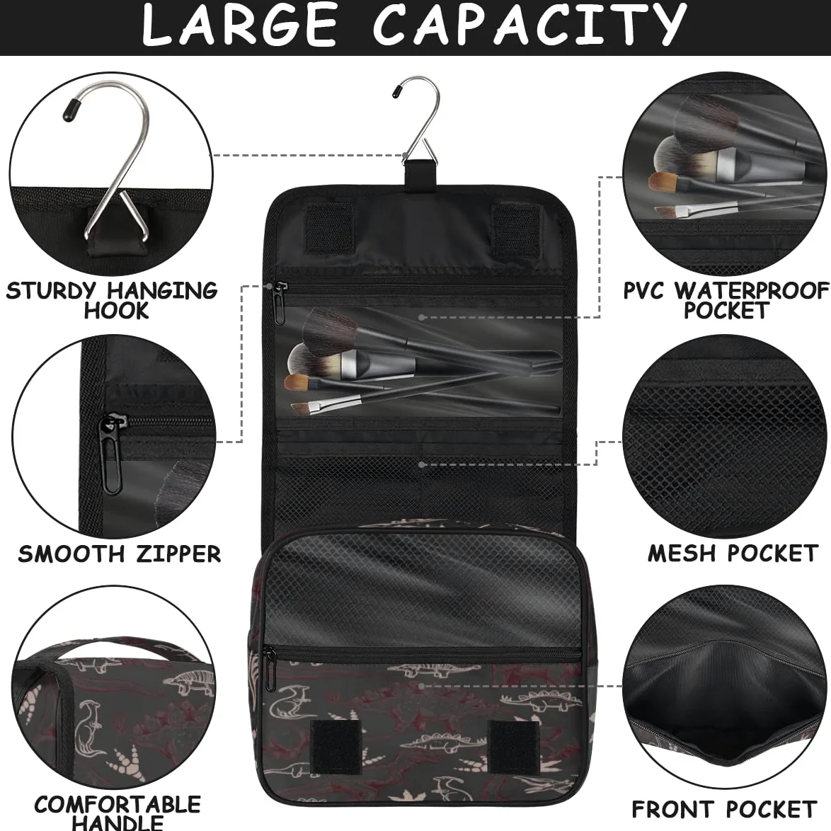 Podróżna kosmetyczka z dinozaurem nadruki dinozaur torebka na pranie torebka unisex wiszące przybory toaletowe kosmetyczny organizer do makijażu, wielobarwny, Jeden rozmiar