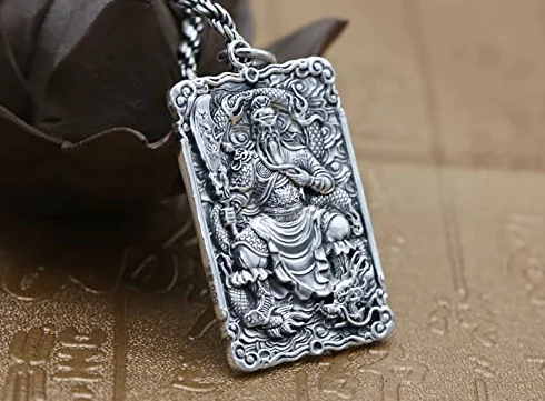 S925 Srebrny męski wisiorek, Wu Caishen Guan Gong Amulet Naszyjnik Wisiorek Tajski Srebrny Retro Męski Dominujący Amulet Łańcuch Wisiorek, (łańcuszek nie jest wliczony w cenę) (S925 Srebro
