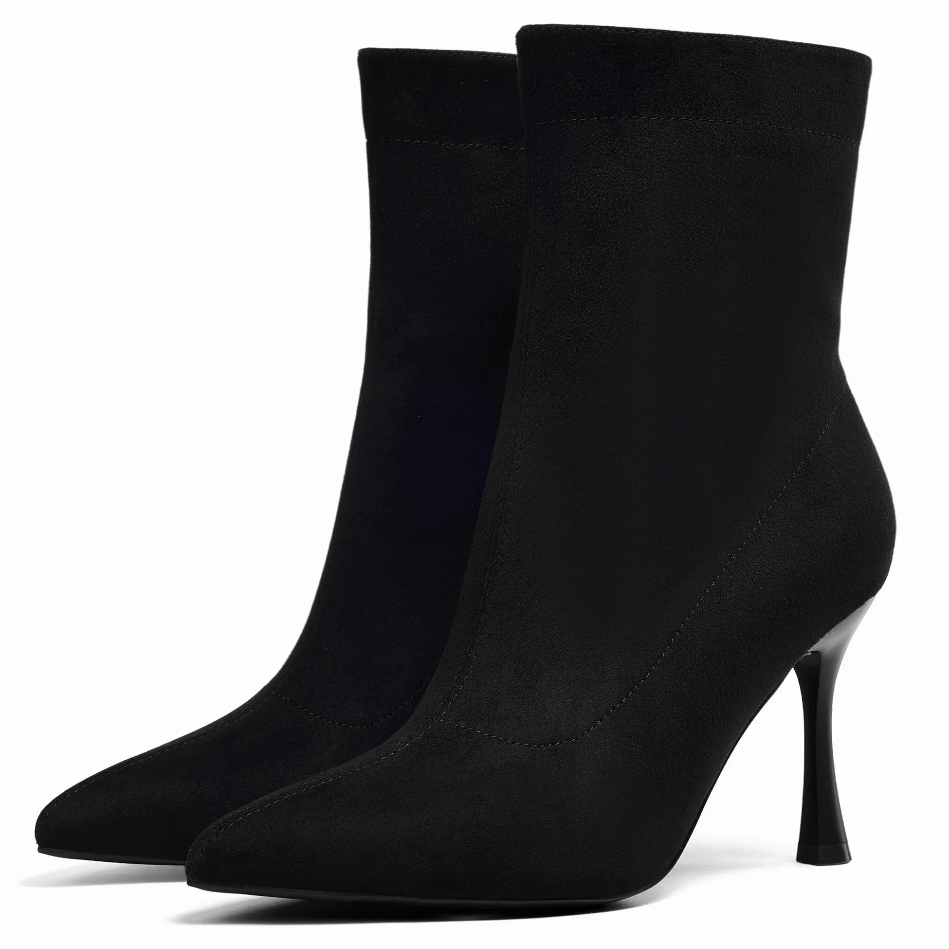 Damskie botki 9 cm szpiczasty nosek - średni obcas szpilki buty robocze dla kobiet modne krótkie buty czarne 8, Czarny zamsz, 39 EU