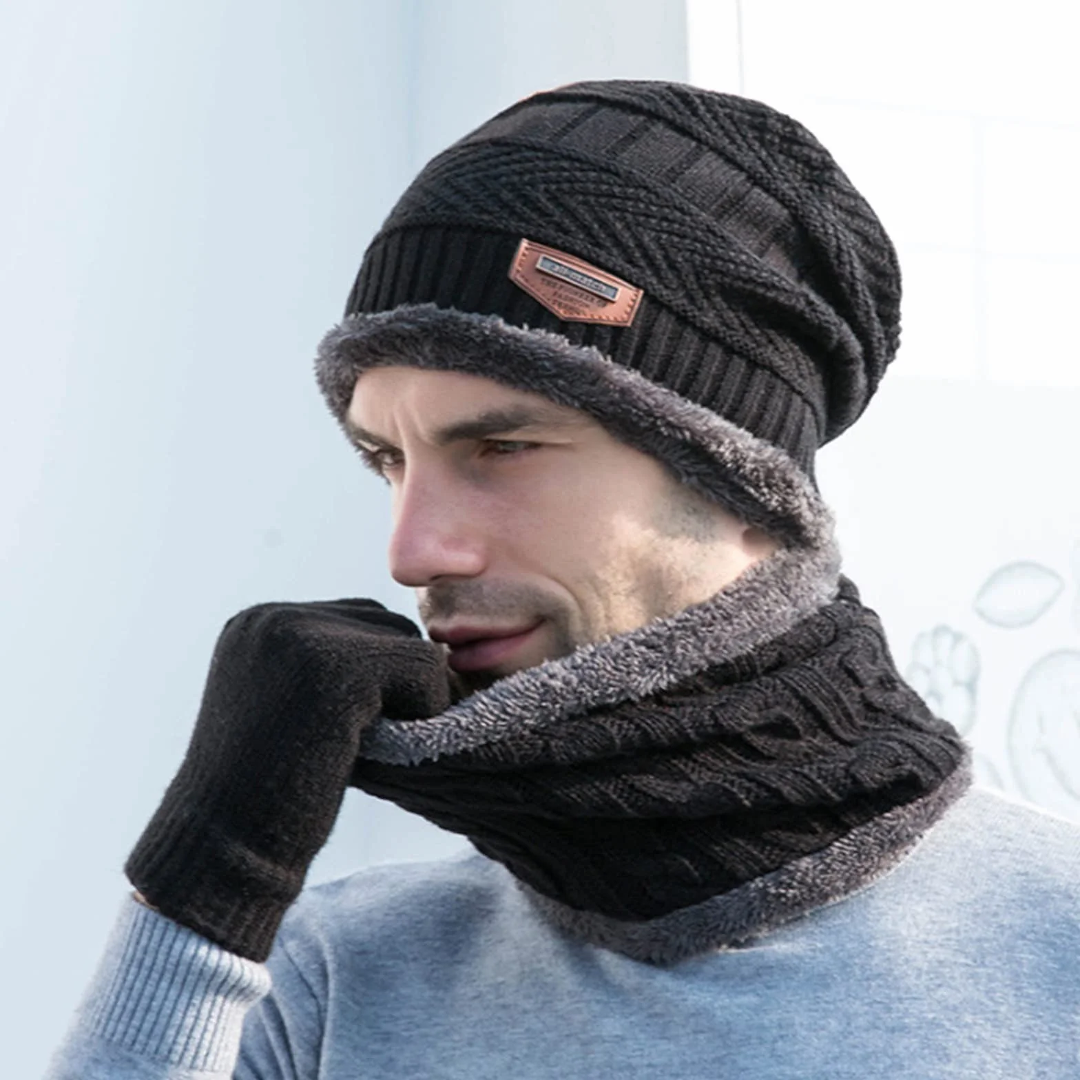Czapka męska damska zestaw szalików, Beanie męska damska komin szalik chustka na szyję, podszewka polarowa ciepłe czapki pętla szalik czapka dzianinowa czapka wełniana, 2w1 Unisex zimowa