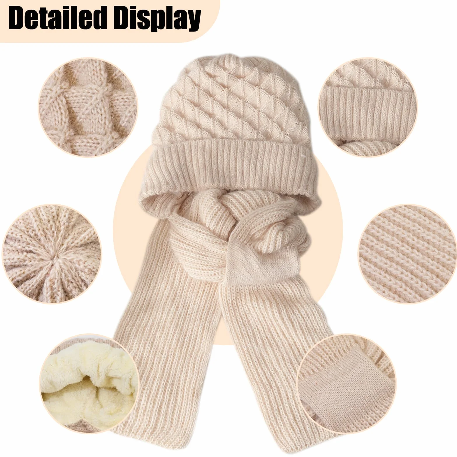 Zimowe rękawiczki damskie z czapką i szalikiem, dzianinowa czapka typu beanie pętla, elastyczna czapka z szalikiem dla kobiet, zimowa ciepła dzianinowa czapka, ciepła pluszowa podszewka