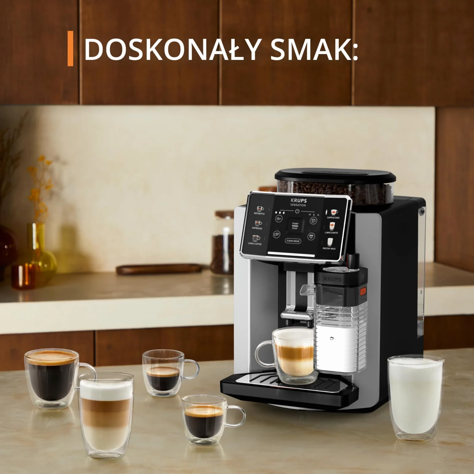 KRUPS EA912E Ekspres automatyczny SENSATION MILK M50 System Milk Maestro, 6 rodzajów kawy, wyświetlacz LED, system Thermoblock, automatyczne czyszczenie tabletką, stalowy młynek, czarno-srebrny