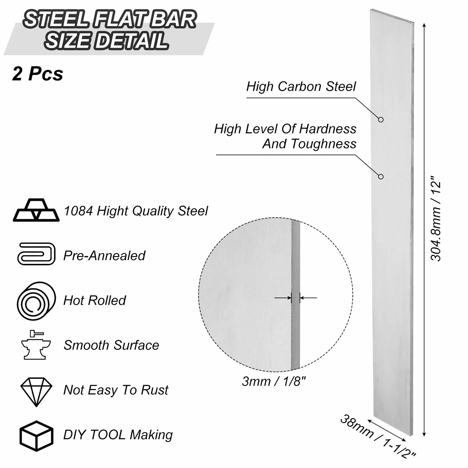 PATIKIL 2 szt. stal 1084 do produkcji noży, stal 30 cm x 1 1/2" x 1/8", blacha stalowa dla majsterkowiczów, surowa blacha metalowa, do zastosowań profesjonalnych i hobbystycznych, srebrno-biała