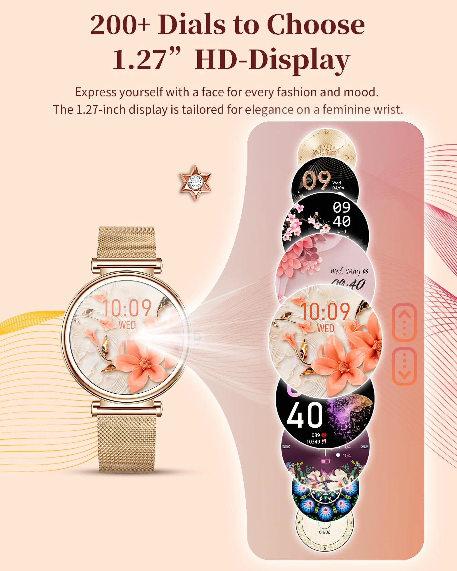 Smartwatch dla kobiet Fitness Tracker wodoodporny IP68 1,3-calowy HD ekran dotykowy z pulsometrem pomiarem ciśnienia krwi