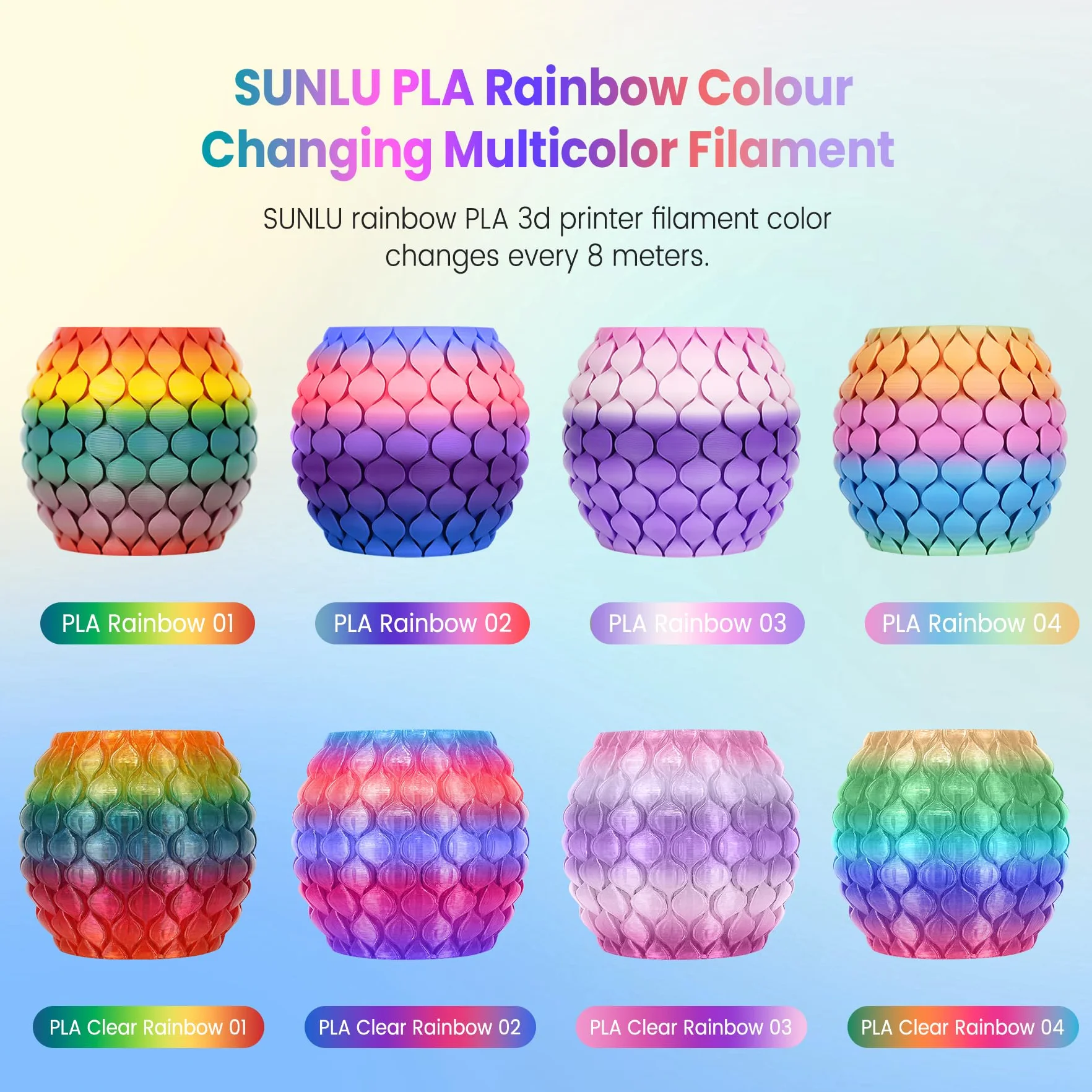 SUNLU Rainbow PLA Filament do drukarki, wielokolorowy, czysto nawinięty gradient PLA 3D, filament do drukarki 1,75 mm ± 0,02 mm, waga całkowita 4 kg, 1 kg na szpulę, 4 rolki.