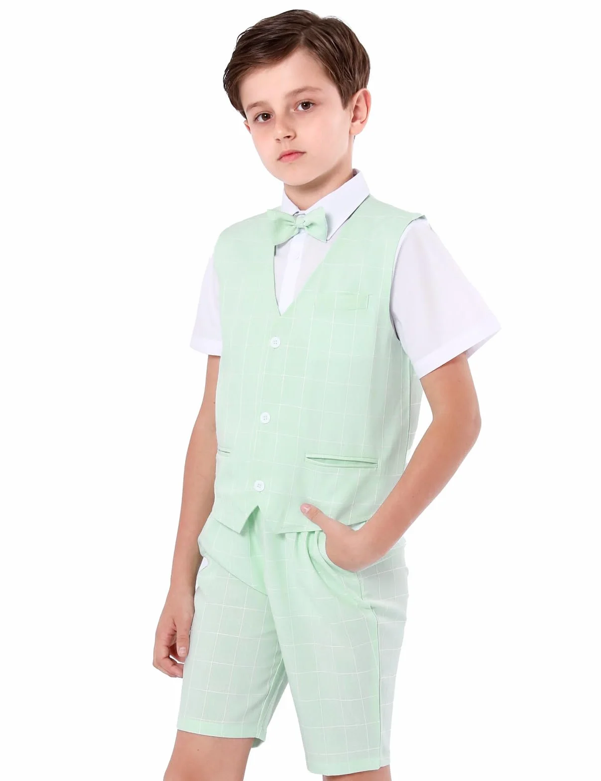 mintgreen 3 szt. chłopięcy garnitur kamizelka + koszula + spodnie + muszka + poszetki zestaw 4-11 lat