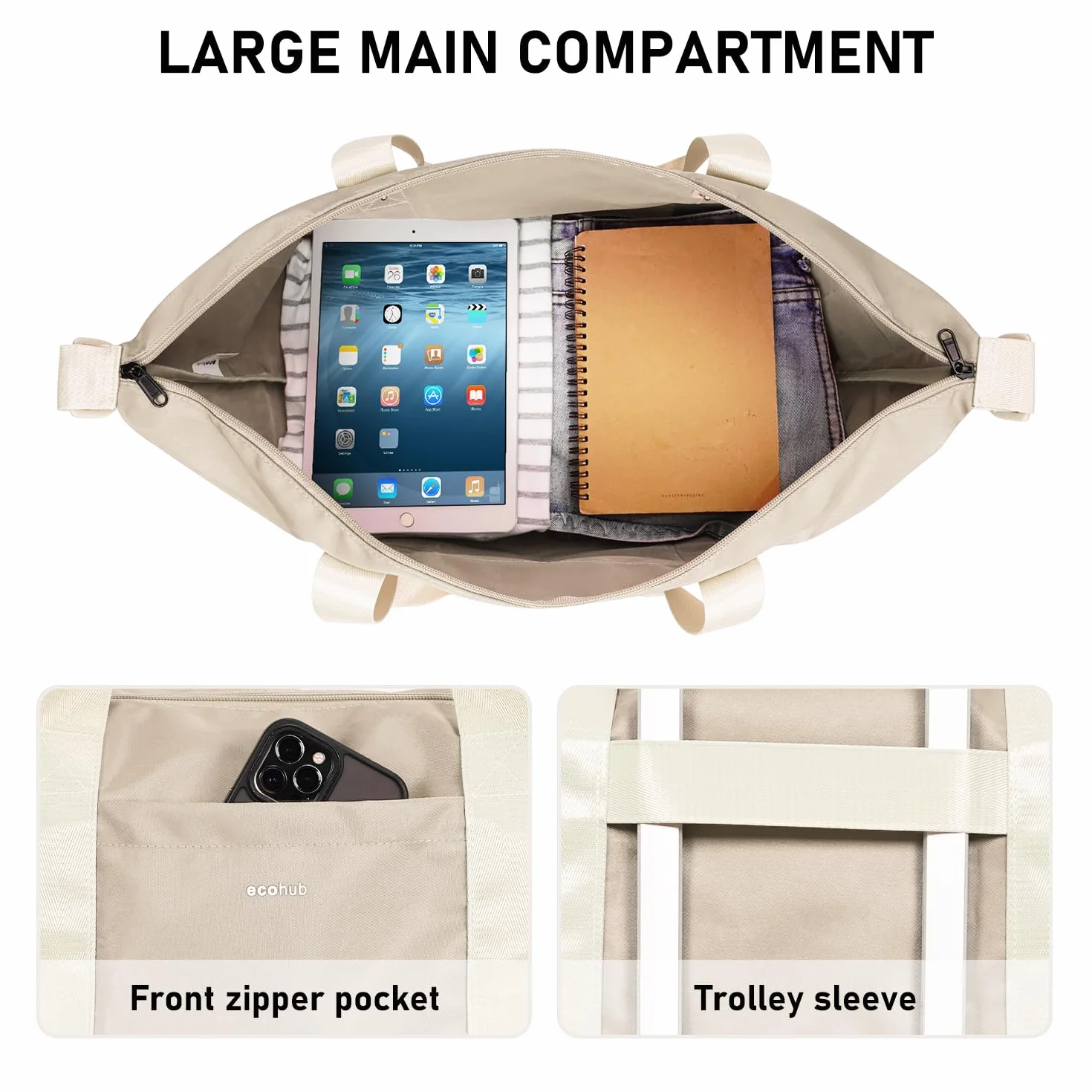 ECOHUB Easyjet Torba kabinowa 45x36x20, 30L Torba podróżna składana, z wyjmowaną kieszenią na mokre rzeczy, Wodoodporna Bagaż podręcznyTorba weekendowa szpitalna damska, Patent zgłoszony(Beżowy)