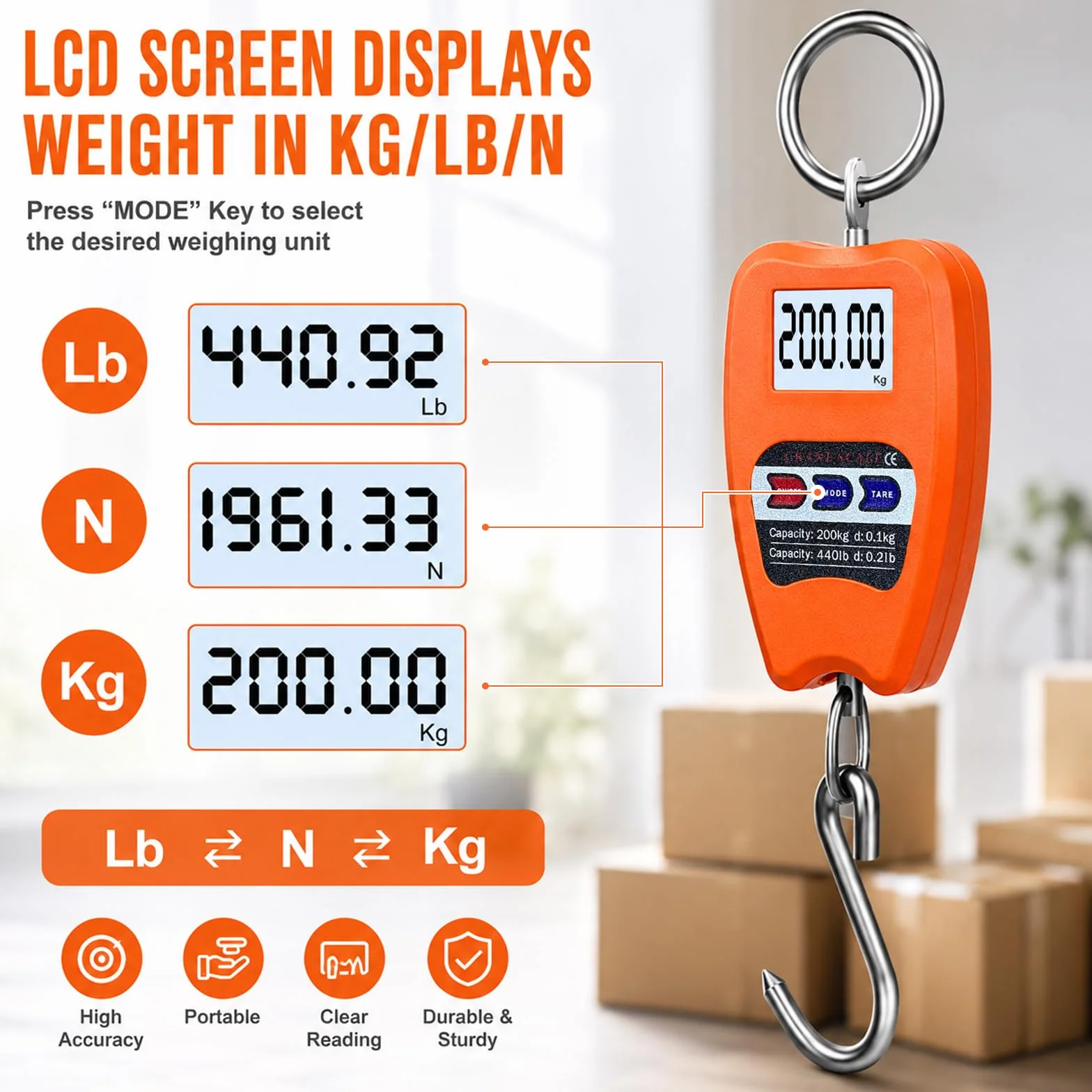Cyfrowa waga wisząca 200 kg, elektroniczna waga hakowa, przenośna waga przemysłowa z wyświetlaczem LCD, waga bagażowa do walizki, wędkowania, polowania, rolnictwa i warsztatu, wysoka precyzja