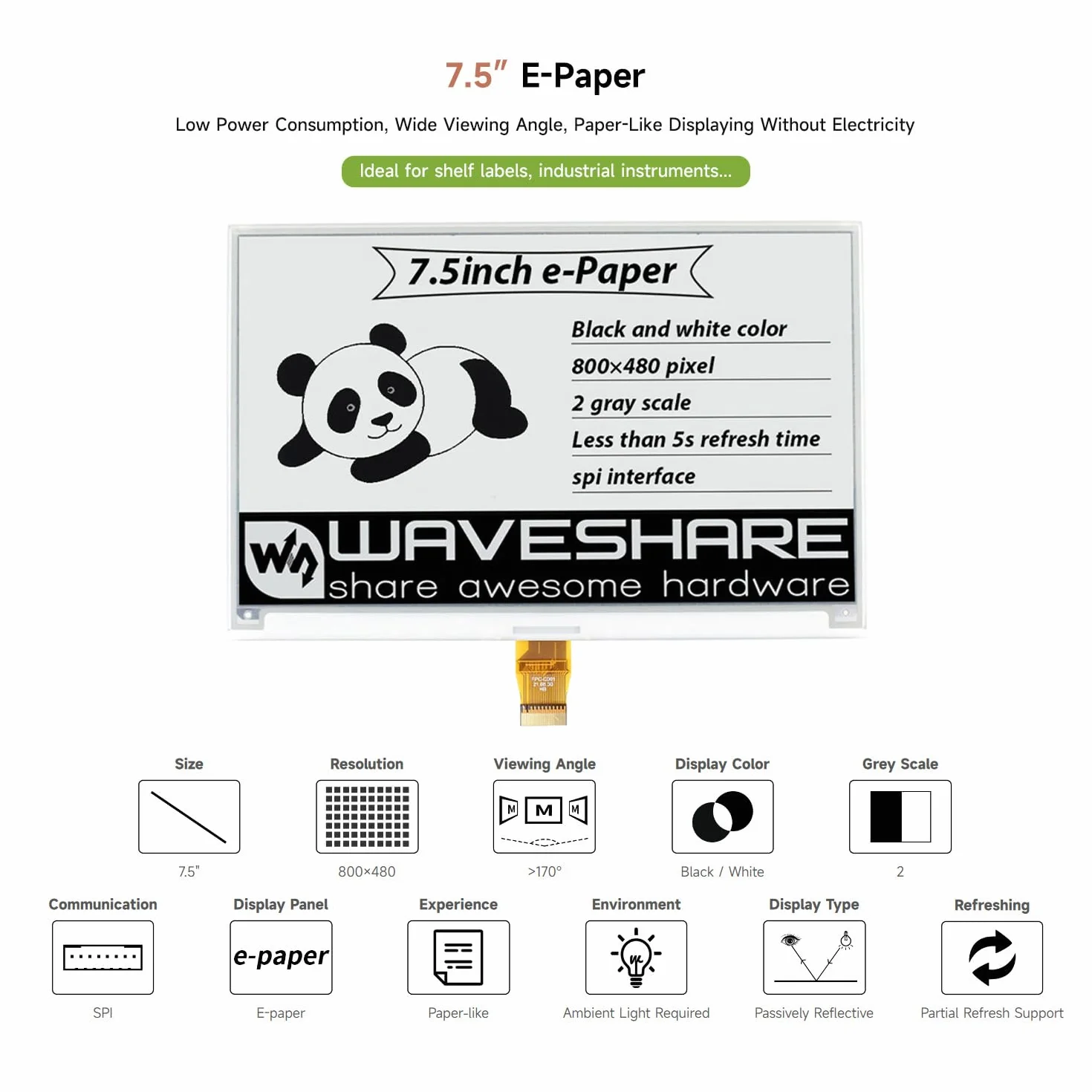 Waveshare 7.5 Inch E-Paper Raw Display Panel V2 800x480 Resolution 3.3V E-Ink Electronic Paper Screen Without PCB with Embedded Controller,Communicating via SPI Interface