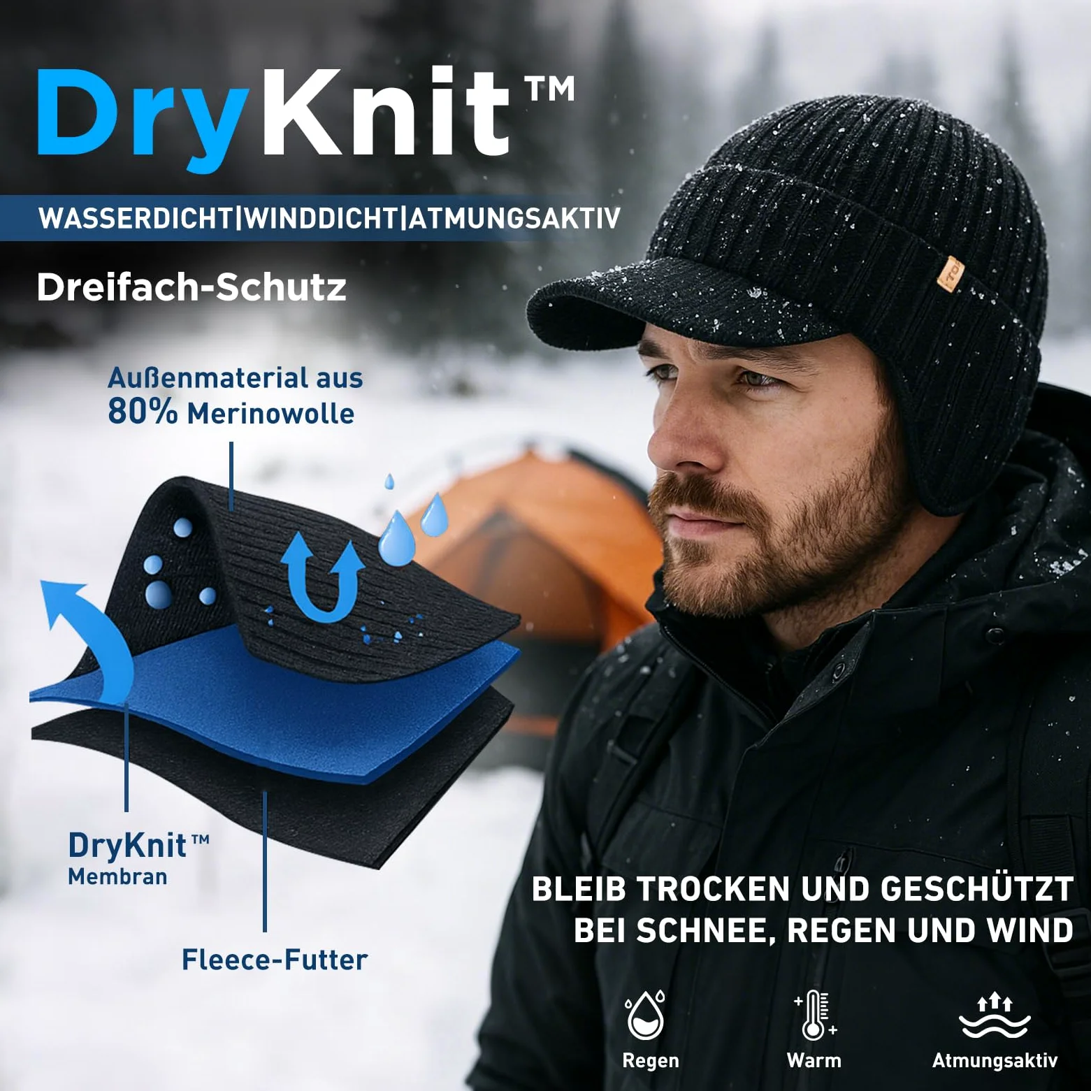 TOP-EX DryKnit wodoodporna czapka z daszkiem w 80% z wełny merynosów, zimowa czapka z dzianiny, z polarową podszewką i nausznikami, M-XXL