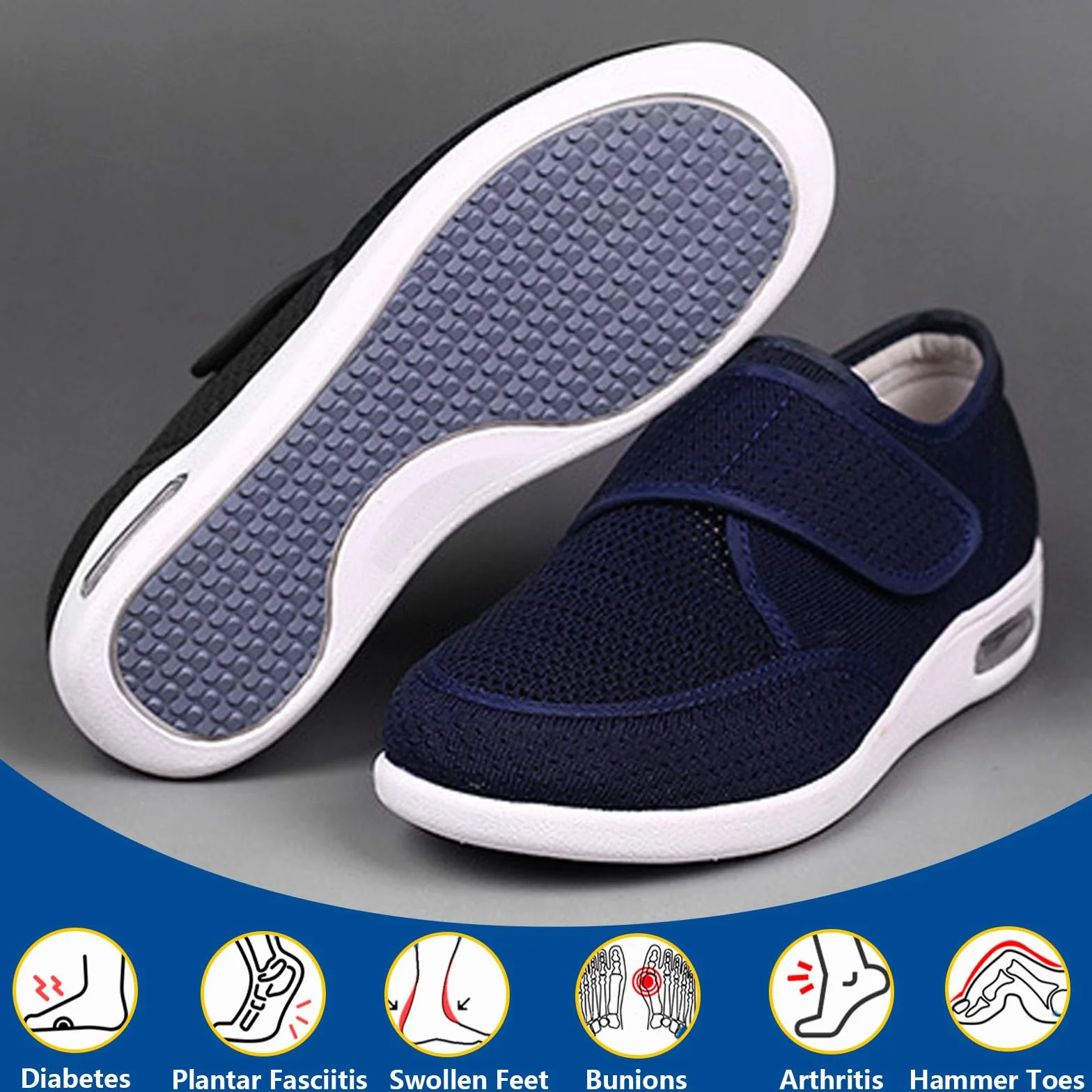 Diabetic Shoes for Women Men Wide Width Elderly Adjustable Closure Lightweight Breathable Swollen Feet Walking Edema Sneakers Blue