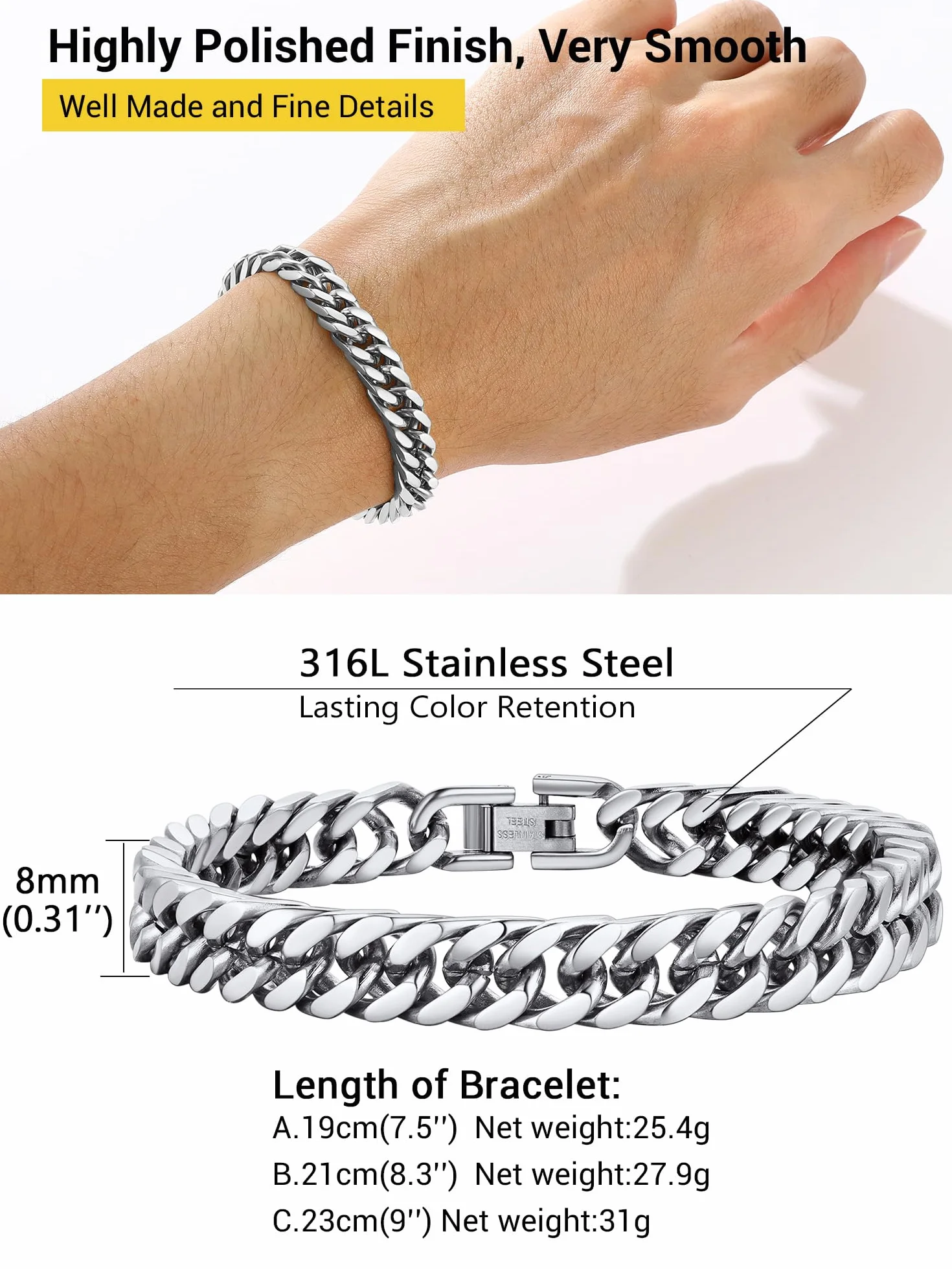 PROSTEEL Bransoletka łańcuszkowa kubańska 17 mm srebrna pozłacana czarna 19/21/23 cm