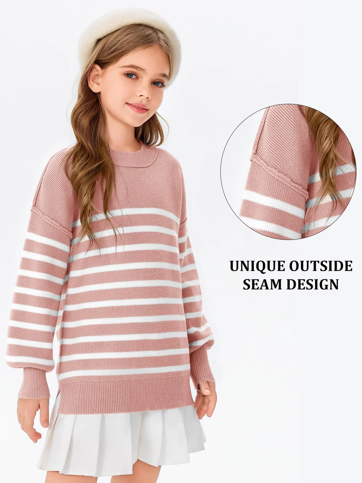 Dziewczęcy sweter w paski oversize z nietoperza na jesień i zimę