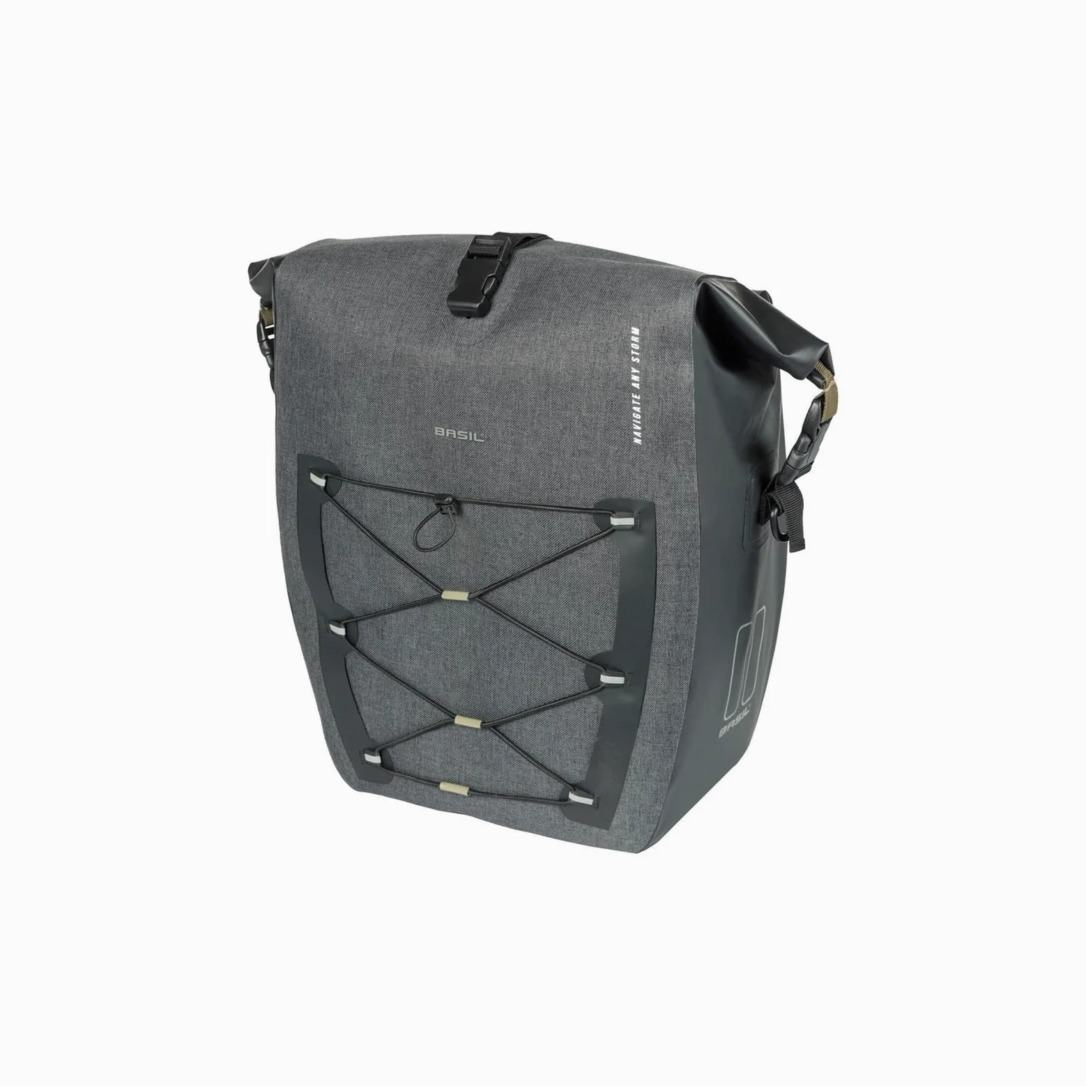 Basil Pojedyncza torba rowerowa L MIK Hooks – 25–31 l – brezent/poliester – wodoszczelna IPX3 – zamknięcie na rolce – przednia kieszeń kompresyjna – odblaskowa – odpinany pasek na ramię – czarna