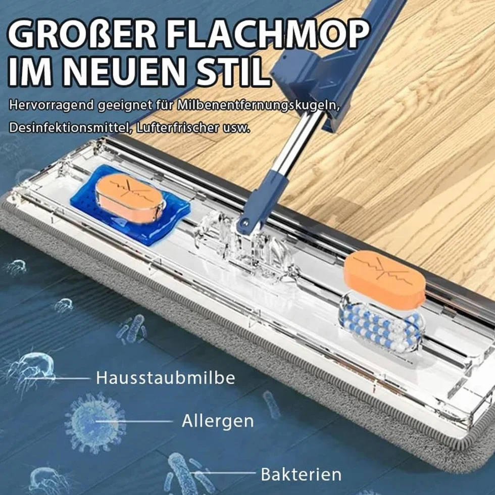 Pure Clean Magic Mop, duży płaski mop z funkcją wykręcania i wkładkami z mikrofibry wielokrotnego użytku, zestaw do mycia podłogi Pure Clean (składany pojemnik na mop, niebieski)