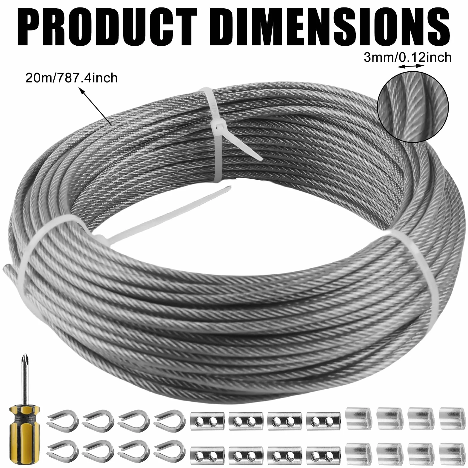GBKDQQ Linka Stalowa 3 mm z Powłoką PCW - 20 m, 304 z Aluminiowymi Tulejkami i Oczkami do Zawieszania Łańcuchów, Światłowodów, Ogrodzenia