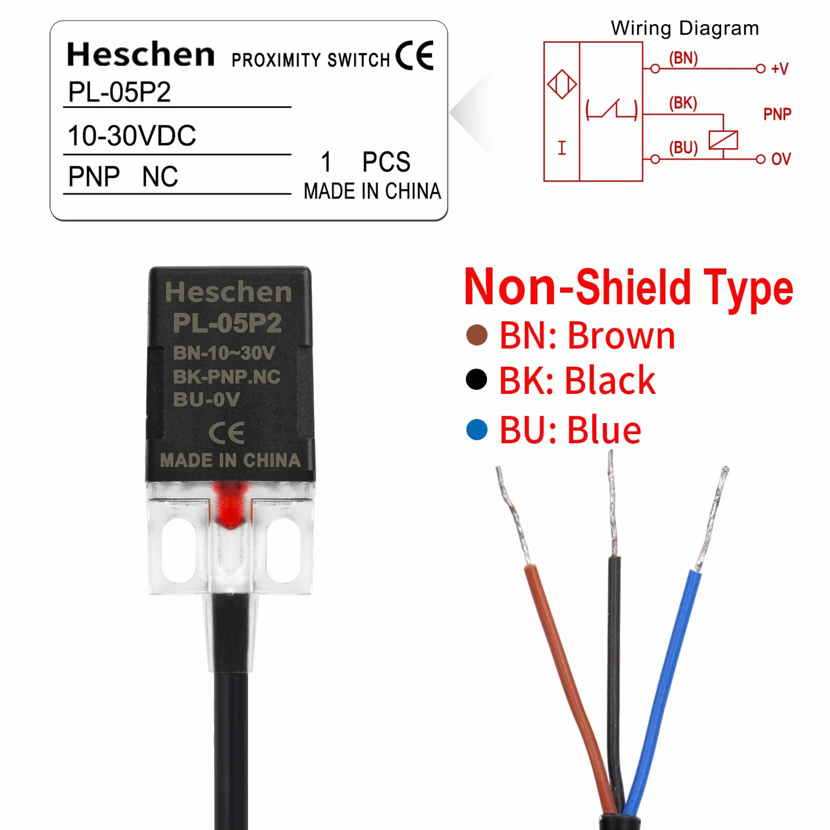 Heschen Kwadratowy czujnik zbliżeniowy indukcyjny przełącznik typ non-Shield PL-05P2 odległość detektora 5 mm 10-30 VDC 200 mA PNP normalnie zamknięty (NC) 3 przewody