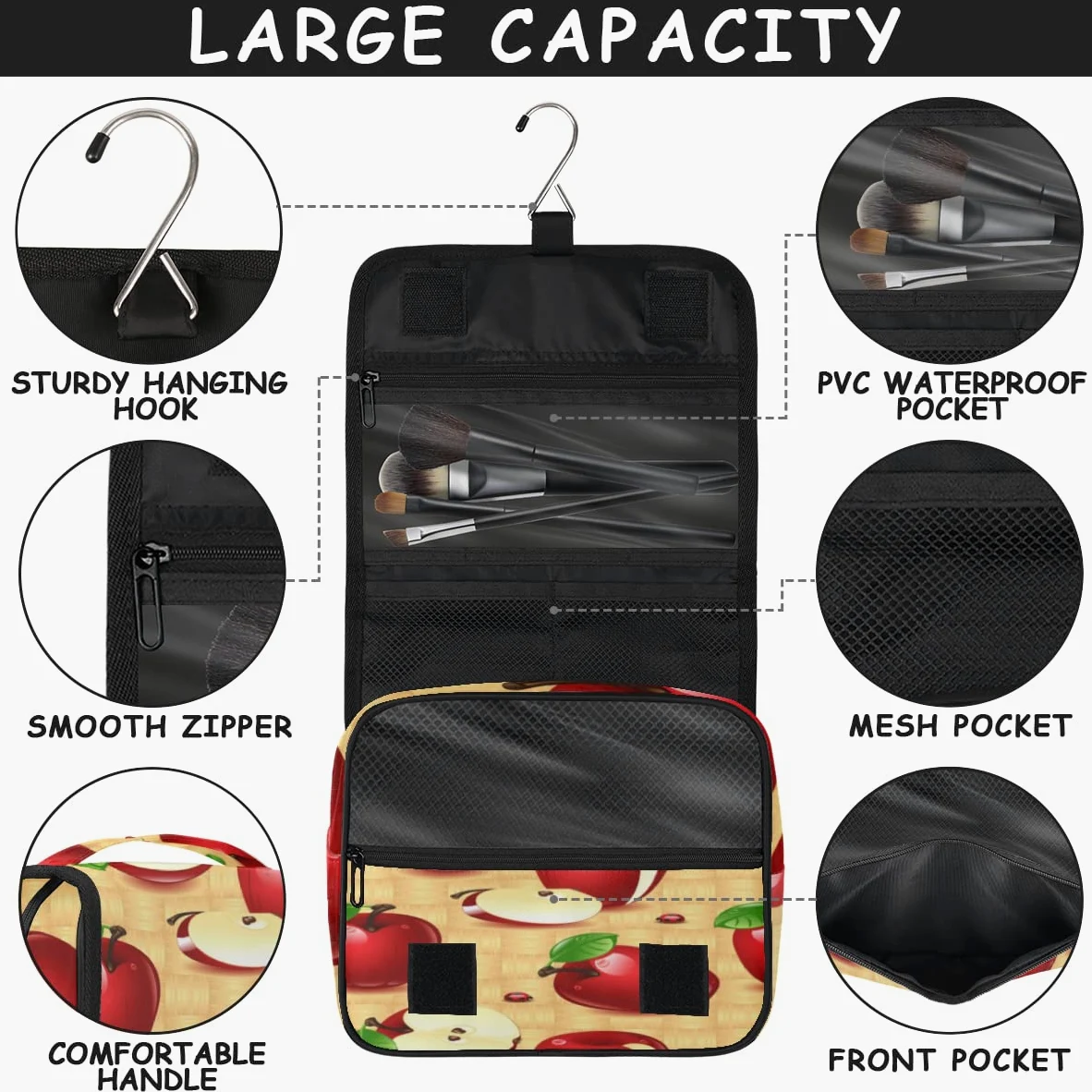 Jabłka Podróżna kosmetyczka Jabłka Wzór Owoce Mycie Torba Unisex Wiszące przybory toaletowe Kosmetyczka Organizer do makijażu, wielobarwny, Jeden rozmiar