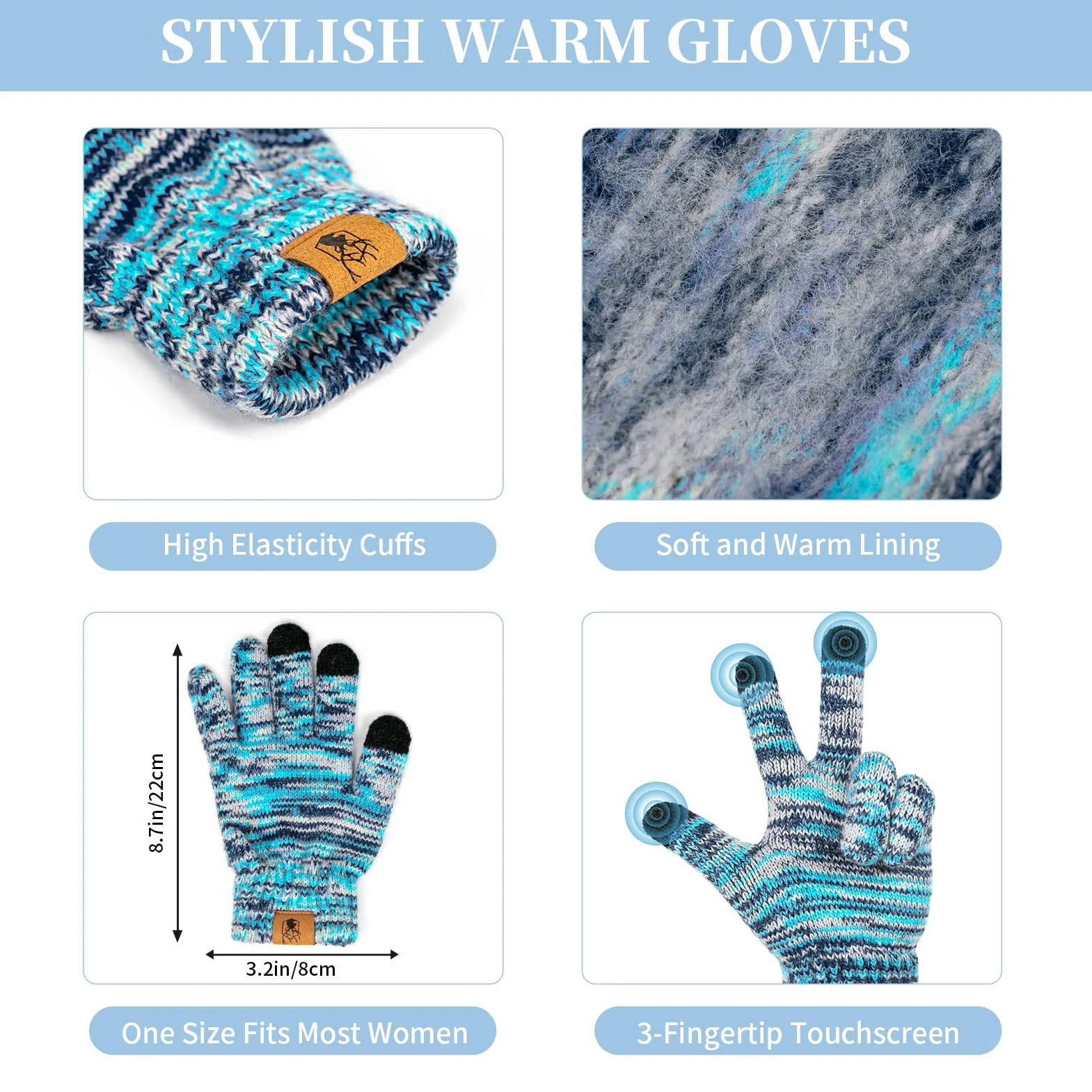 Guantes de la bufanda del sombrero de las mujeres Beanie Calentador de cuello largo Bufanda y guantes de pantalla táctil térmica Set 3 PCS Invierno Pom Cap Set Unisex Melange de punto Lago Azul
