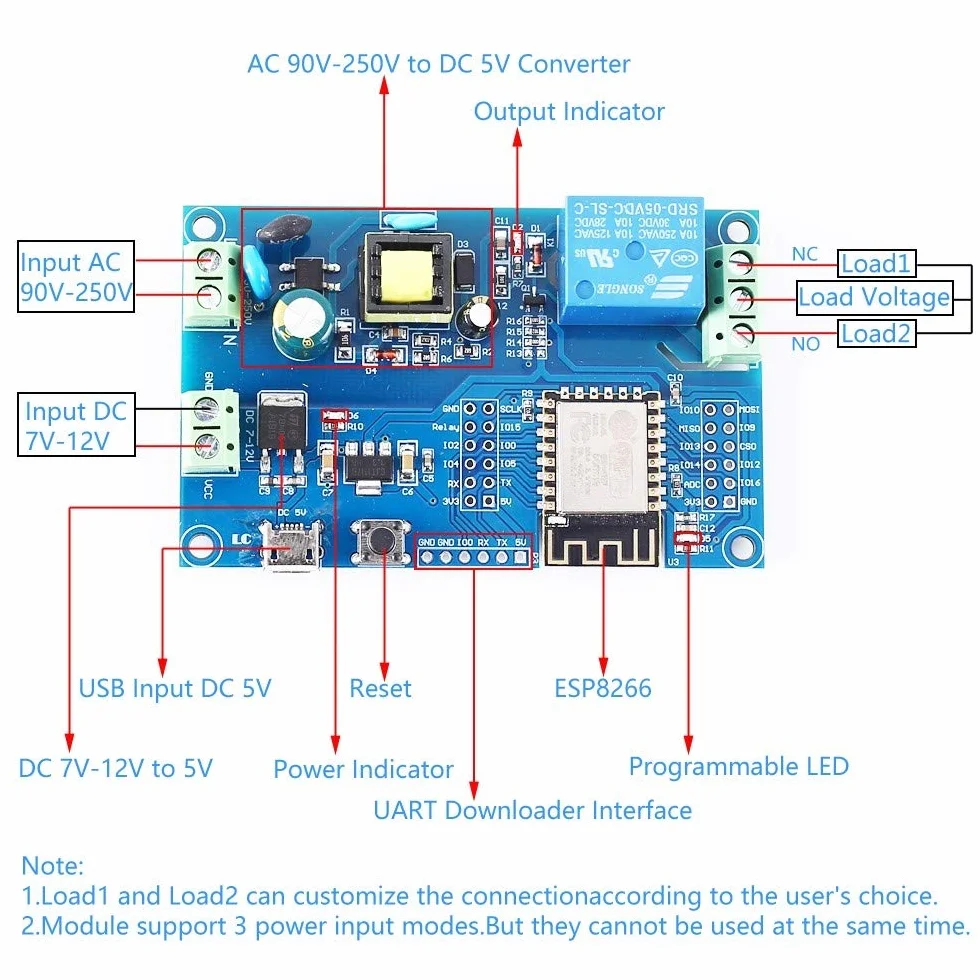 Moduł przekaźnika WiFi, AC 220 V DC 12 V DC, moduł przełączający przekaźnik WiFi, samoblokujący, pilot ESP-12F, moduł przekaźnika Smart Home ESP8266