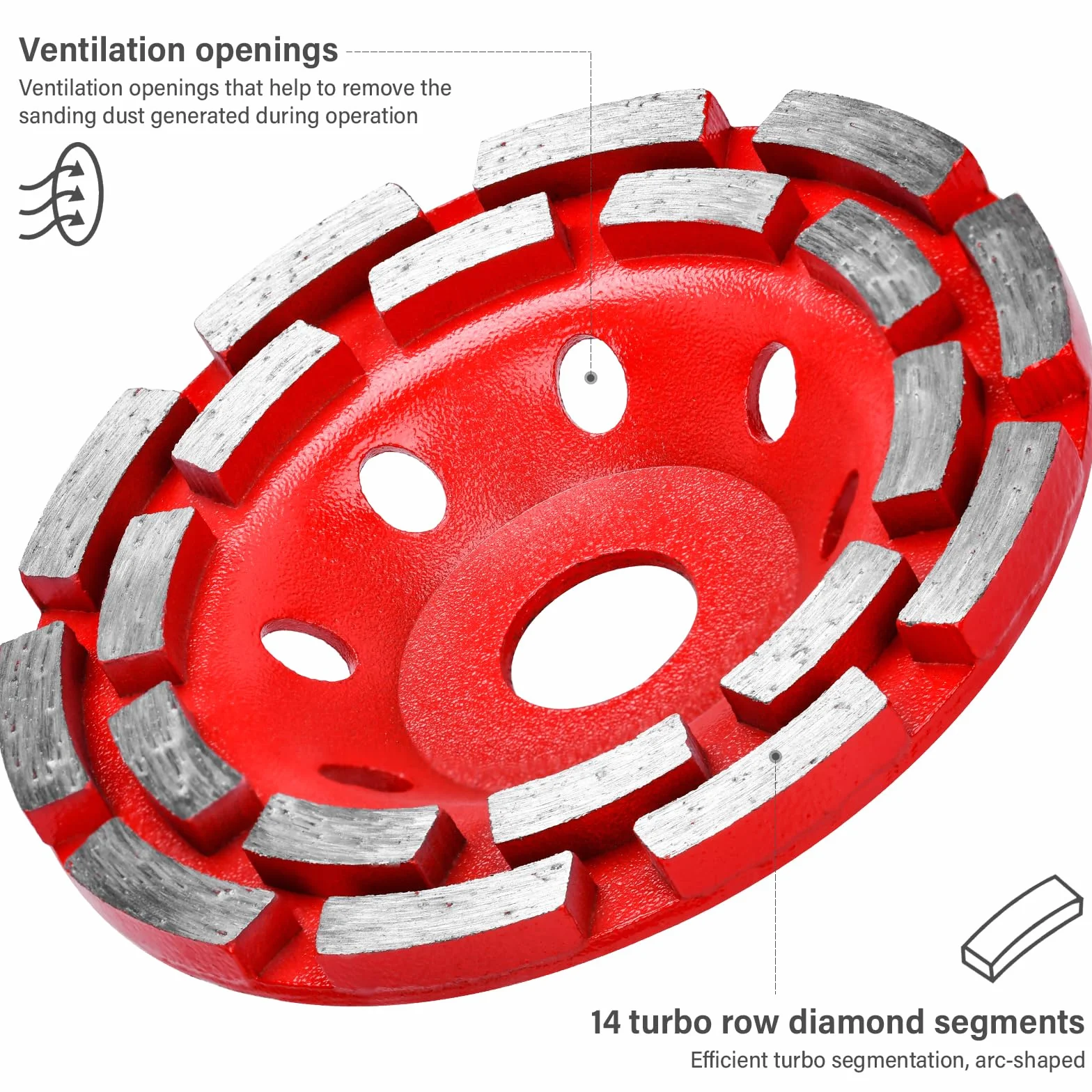 Diamentowa tarcza szlifierska 125 mm x 22,23 mm, diamentowa tarcza szlifierska, dwurzędowa, do betonu, kamienia naturalnego, kleju do płytek, granitu, muru, czerwona