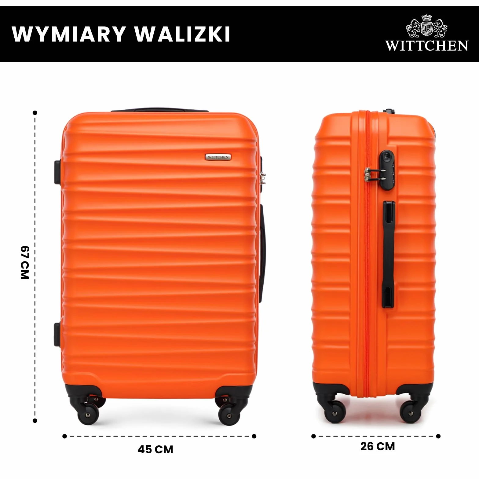 WITTCHEN GROOVE Line Średnia walizka podróżna ABS twardy bagaż zamek szyfrowy teleskopowa rączka 4 kółka rozmiar M pomarańczowy