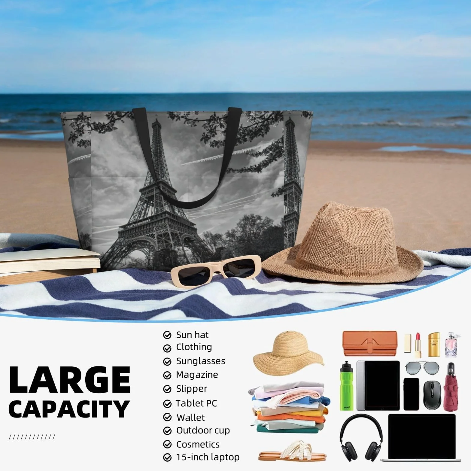 Wieża Eiffla Wzór Moda Torba Plażowa Torba Dla Dorosłych Torba Plażowa Torby Na Ramię Z Dużymi Pojemnikami Na Plażę