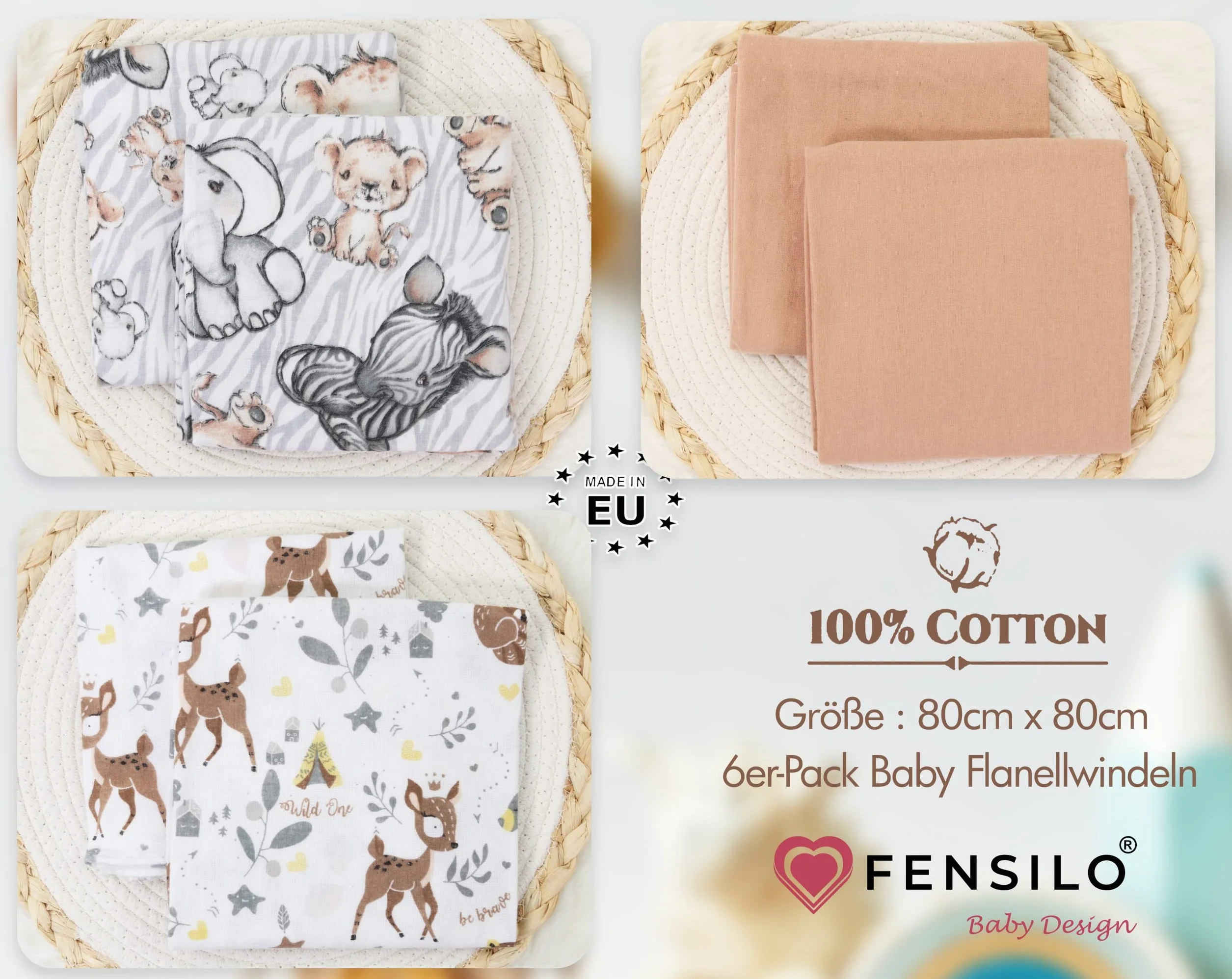 FENSILO Chusteczki Molton, 5 sztuk, pieluchy flanelowe ze 100% bawełny, 80 x 80 cm, pieluchy Molton, chustki do ślinienia dziecka, flanelowe, uniseks, dla chłopców lub dziewczynek