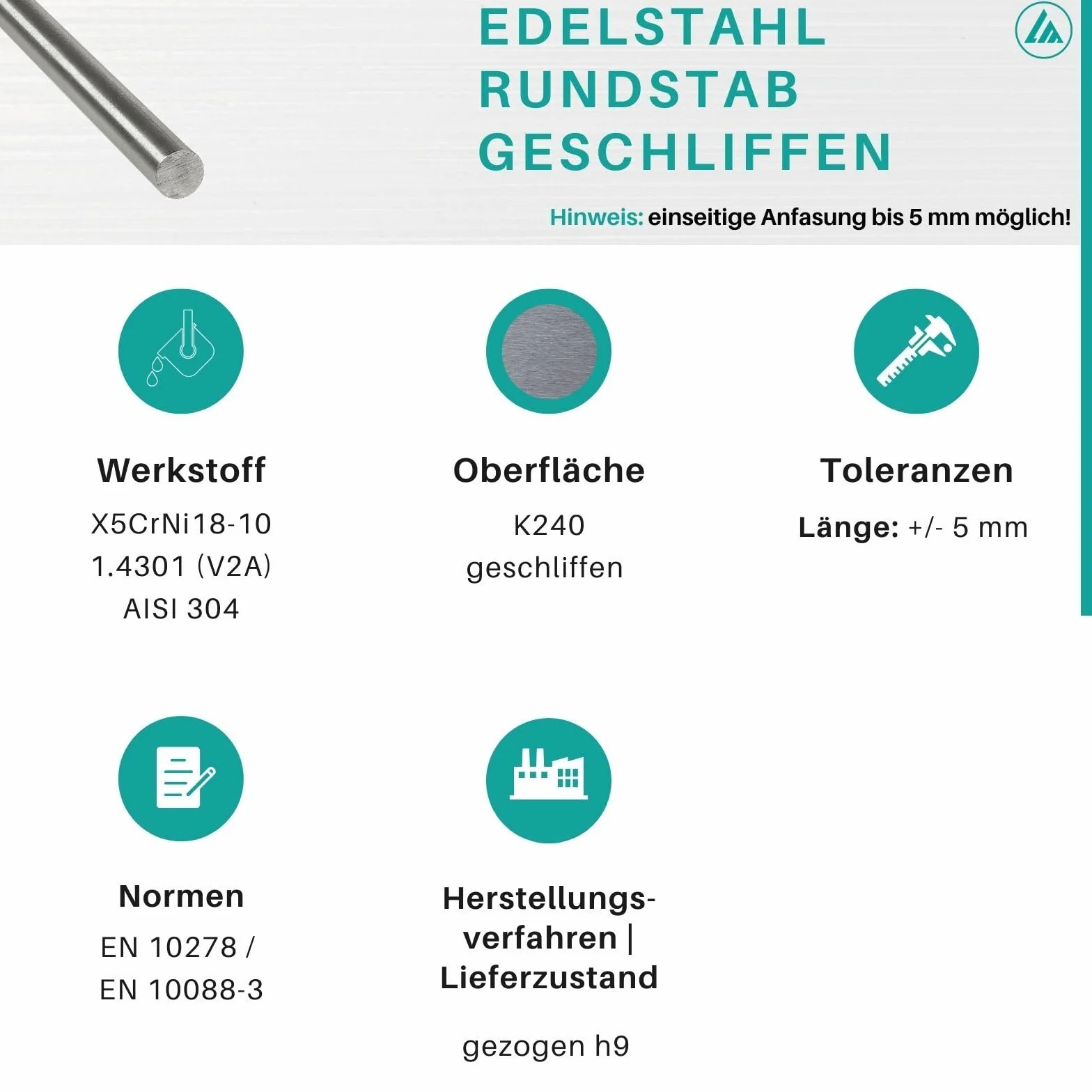 Pręt okrągły ze stali nierdzewnej 10 mm (szlifowany) x 1000 mm +-5 mm