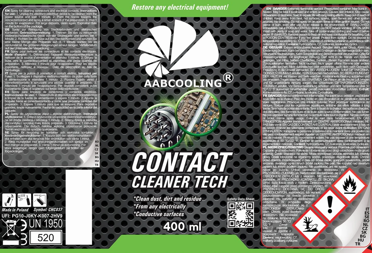 AABCOOLING Contact Cleaner TECH 400ml–Spray czyszczący do narzędzi, elektroniki Przełączników złącz, przycisków – usuwa smar, olej, brud i utlenienia – idealny do zestawów czyszczących i konserwacji