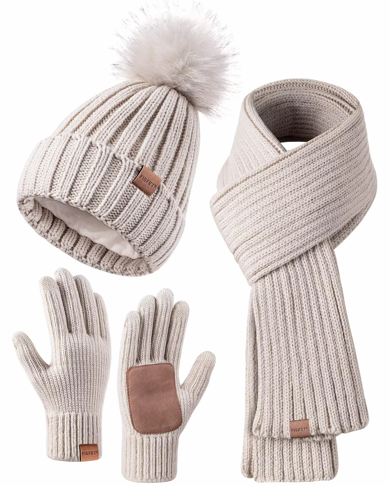 FISFET Zestaw czapki, szalika i rękawiczek dla pań, zimowa czapka beanie dla kobiet z polarową podszewką i pomponem, ciepła termiczna, czapka z pomponem, rękawiczki z ekranem dotykowym, szalik na