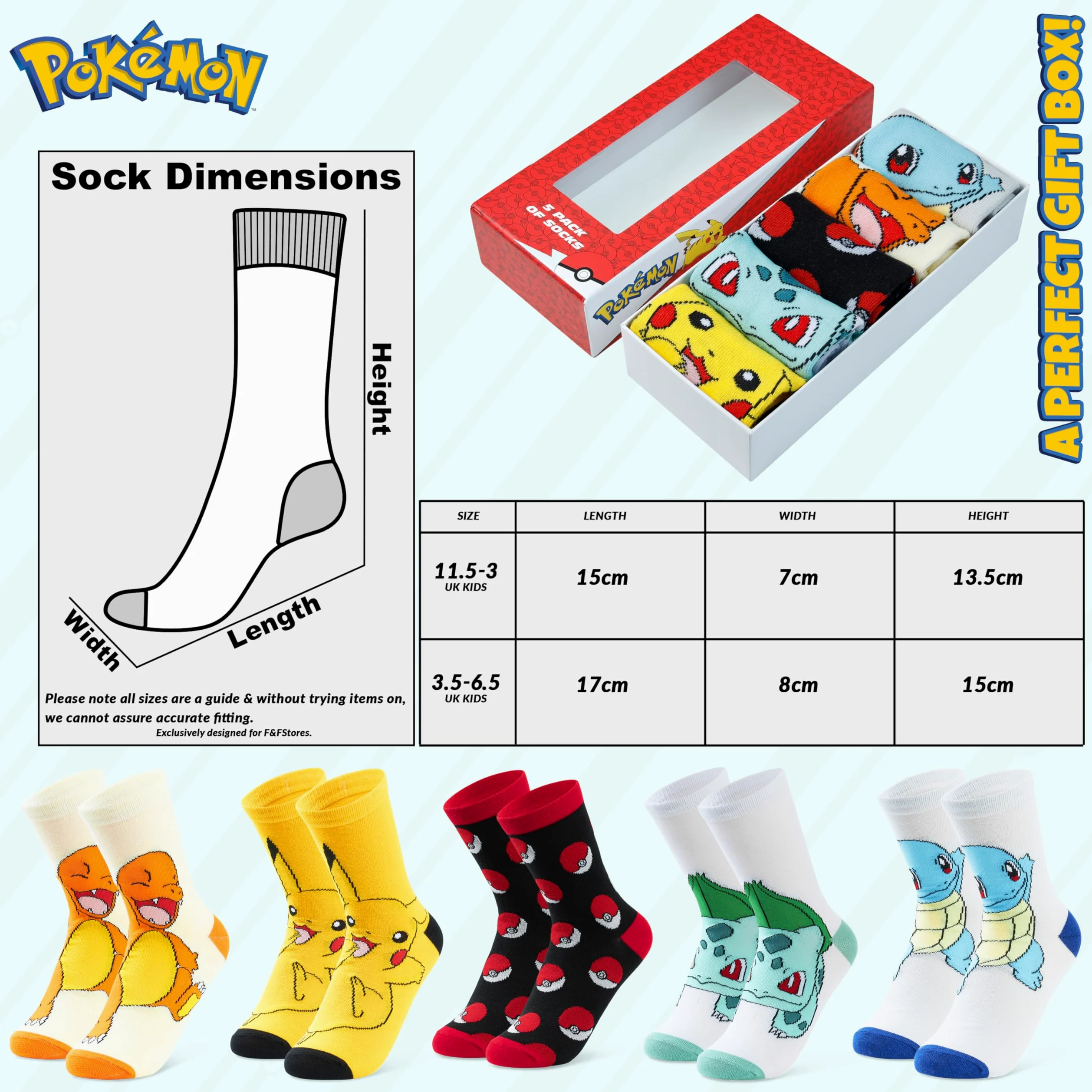 Pokemon Skarpety chłopięce 5 Pakiet Pikachu Skarpety do Kostek Rozciągliwy Oddychający Skarpety Crew dla Chłopców Dziewcząt Nastolatków Kobiet - Rozmiary 11-6 - Prezenty Pokemon