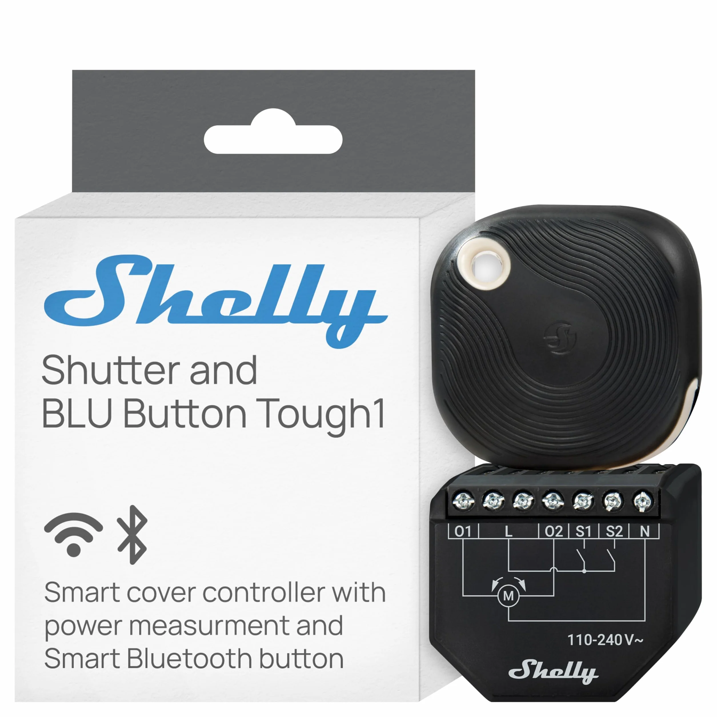 Shelly Shutter i Shelly BLU Button Tough 1 – Moduł łącznika do rolet z pilotem, 110–240 V, 4A, Pomiar zużycia energii, Harmonogramy, Kompatybilny z Alexa, Google Home, SmartThings