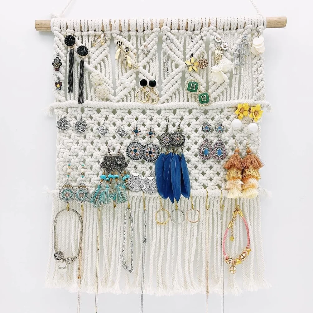 Wiszący uchwyt na kolczyki na biżuterię organizer dekoracyjny makrama organizer
