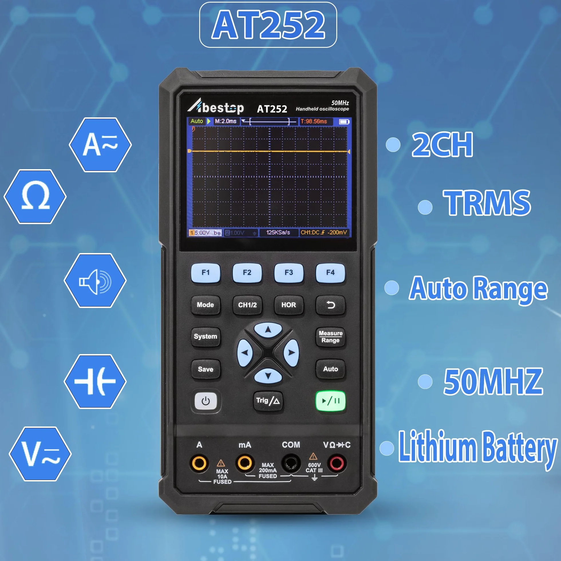 Abestope AT252 50MHz Bandwidth Oscilloscope Handheld Digital 2 in 1 Oscilloscope + Multimeter with 2 Channels and 3.5 inch LCD
