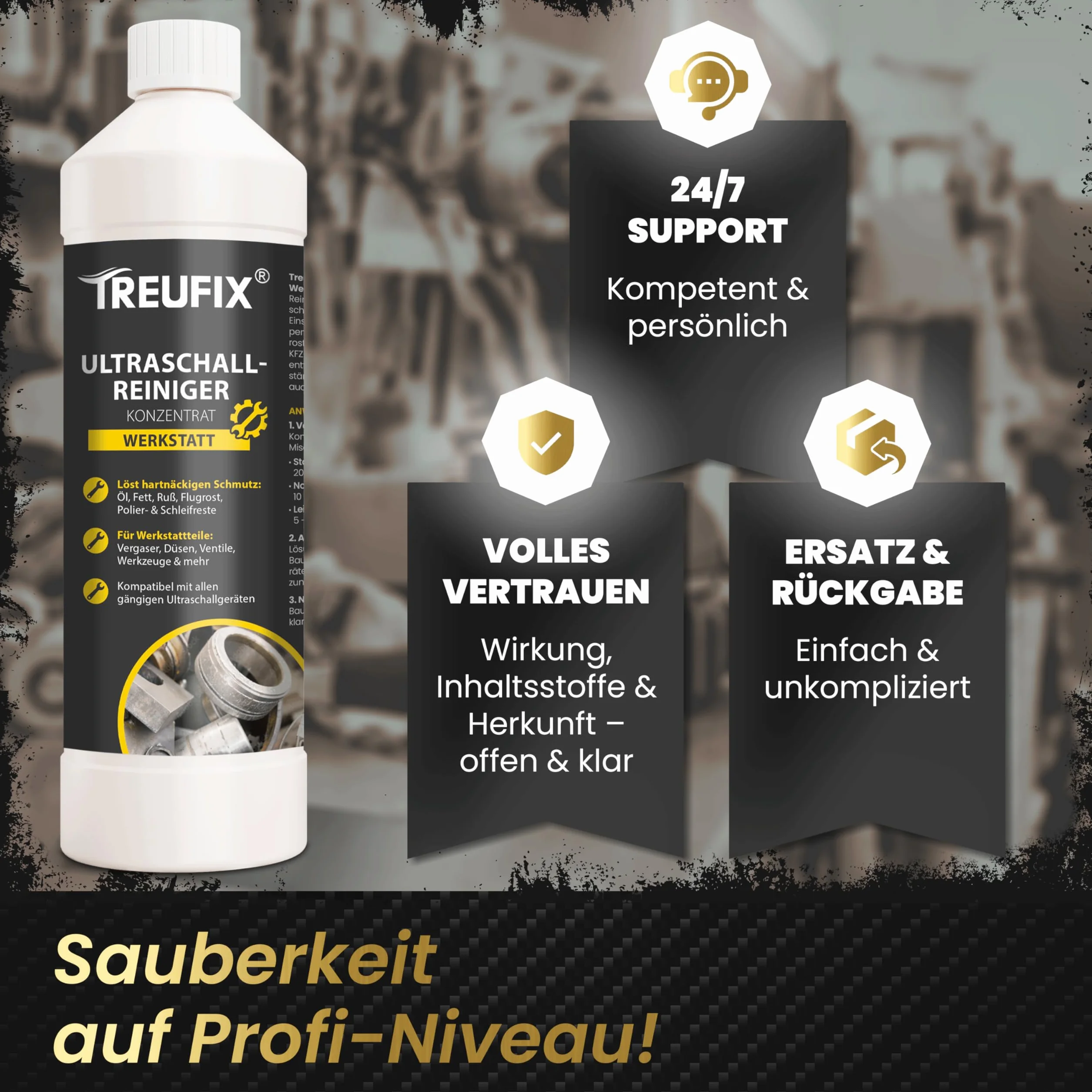 Treufix Koncentrat do czyszczenia ultradźwiękowego, 750 ml, do gaźników, dysz wtryskowych, części silnika – odporny na olej, tłuszcz, sadzę – chroni materiał i jest skuteczny – Made in DE