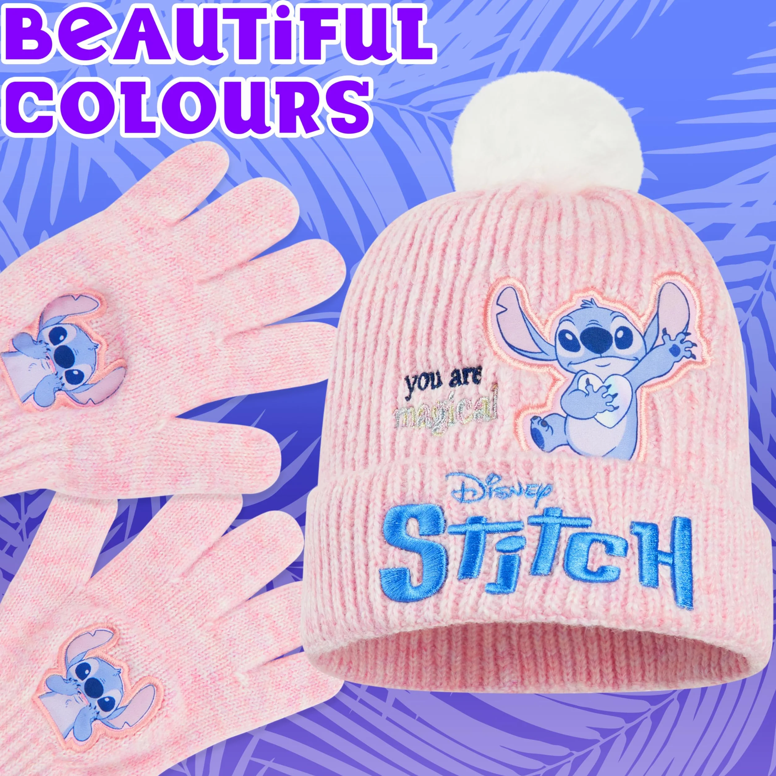 Disney Stitch zestaw czapek i rękawiczek dla dziewczynek, zestaw akcesoriów zimowych do szkoły lub podróży 2 sztuki prezent dla dzieci i młodzieży (6-14 lat, różowy ścieg)