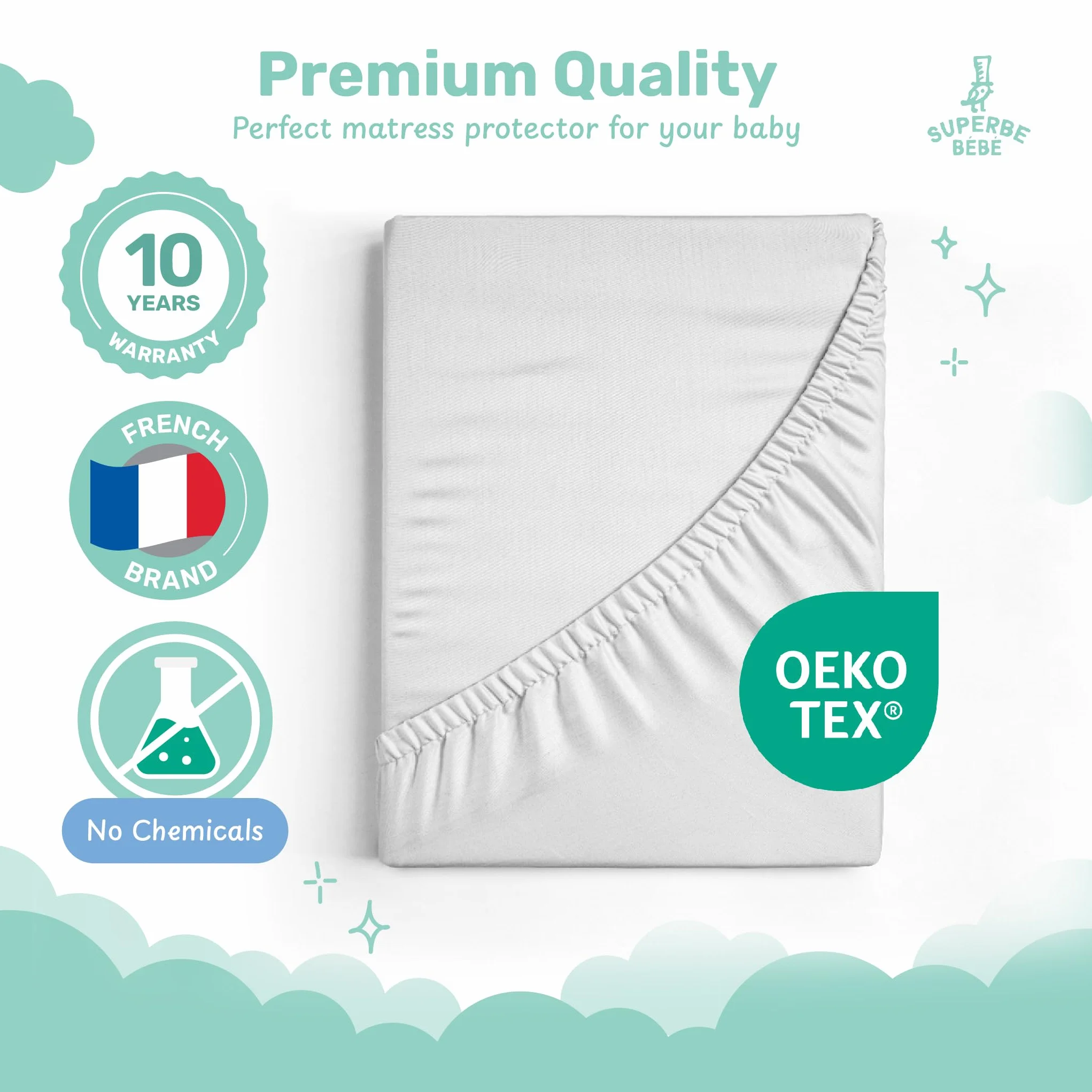 Wodoodporny ochraniacz na materac niemowlęcy 60 x 120 do łóżeczka niemowlęcego | Prześcieradło z gumką do materaca łatwe w montażu | Wodoodporny materac, można prać w pralce, Oeko Tex bez środków