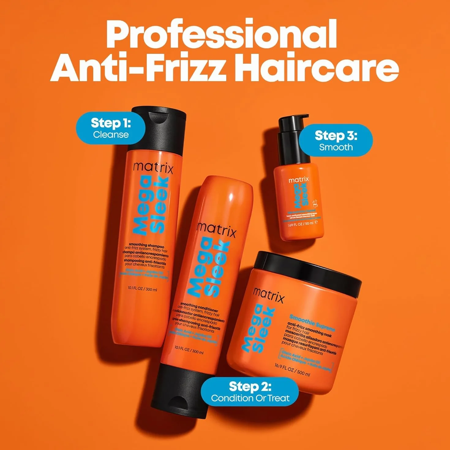 Matrix Mega Sleek szampon wygładzający przeciw puszeniu się, profesjonalna formuła, do wszystkich rodzajów włosów perwersyjnych, bez siarczanów, oczyszcza, dyscypliny i ochrony przed wilgocią, 300 ml