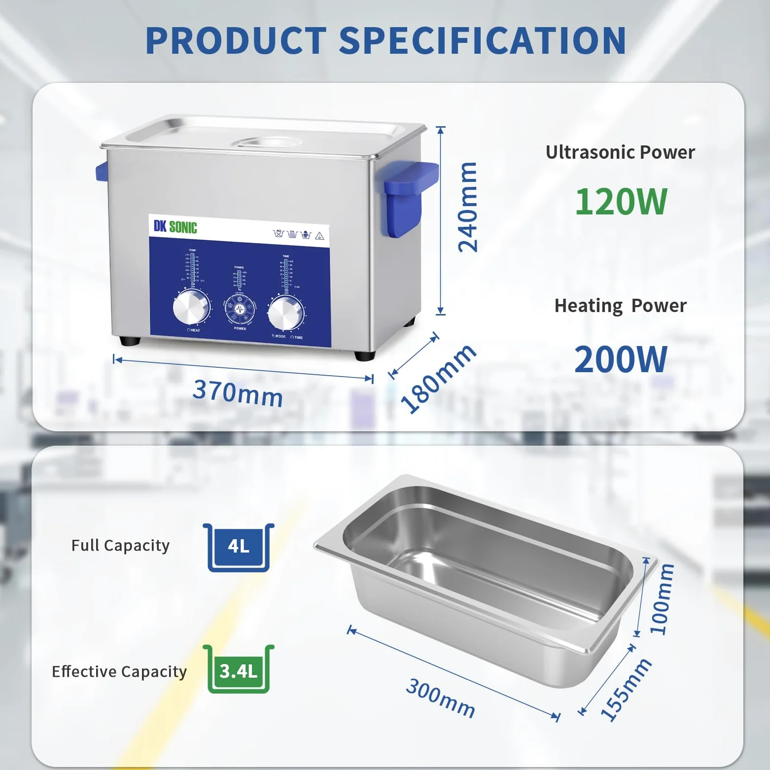 DK SONIC Myjka ultradźwiękowa 4L 120W, przemysłowe urządzenie do czyszczenia ultradźwięków z wydajnym, kodowanym sterowaniem i pięcioma trybami do czyszczenia okularów, naszyjników, zegarków i