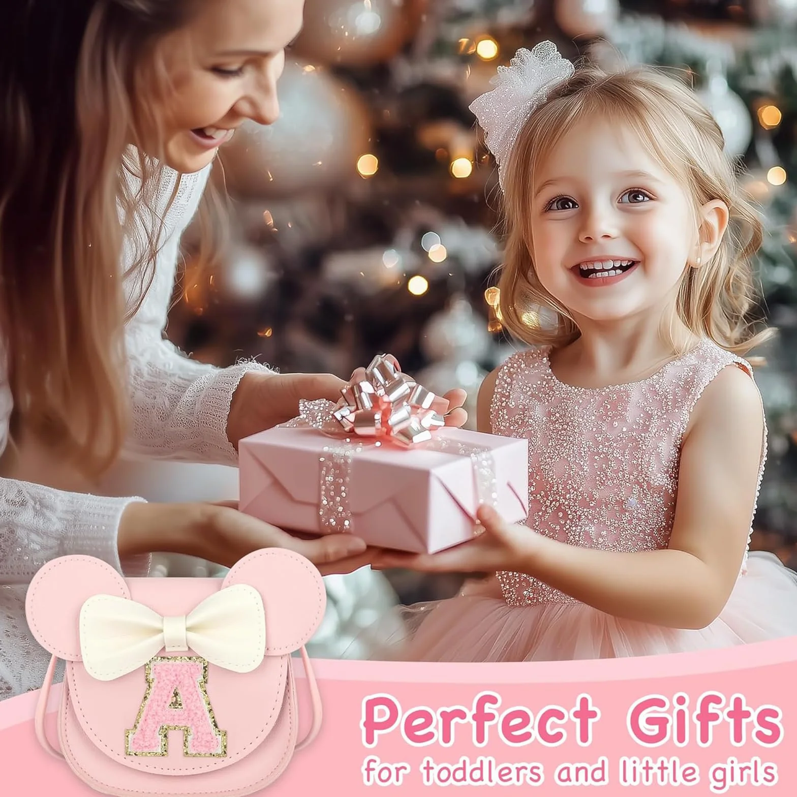 Little Mouse Ear Bow Crossbody Purse, PU mini torebka na ramię dla dzieci 2-8 lat