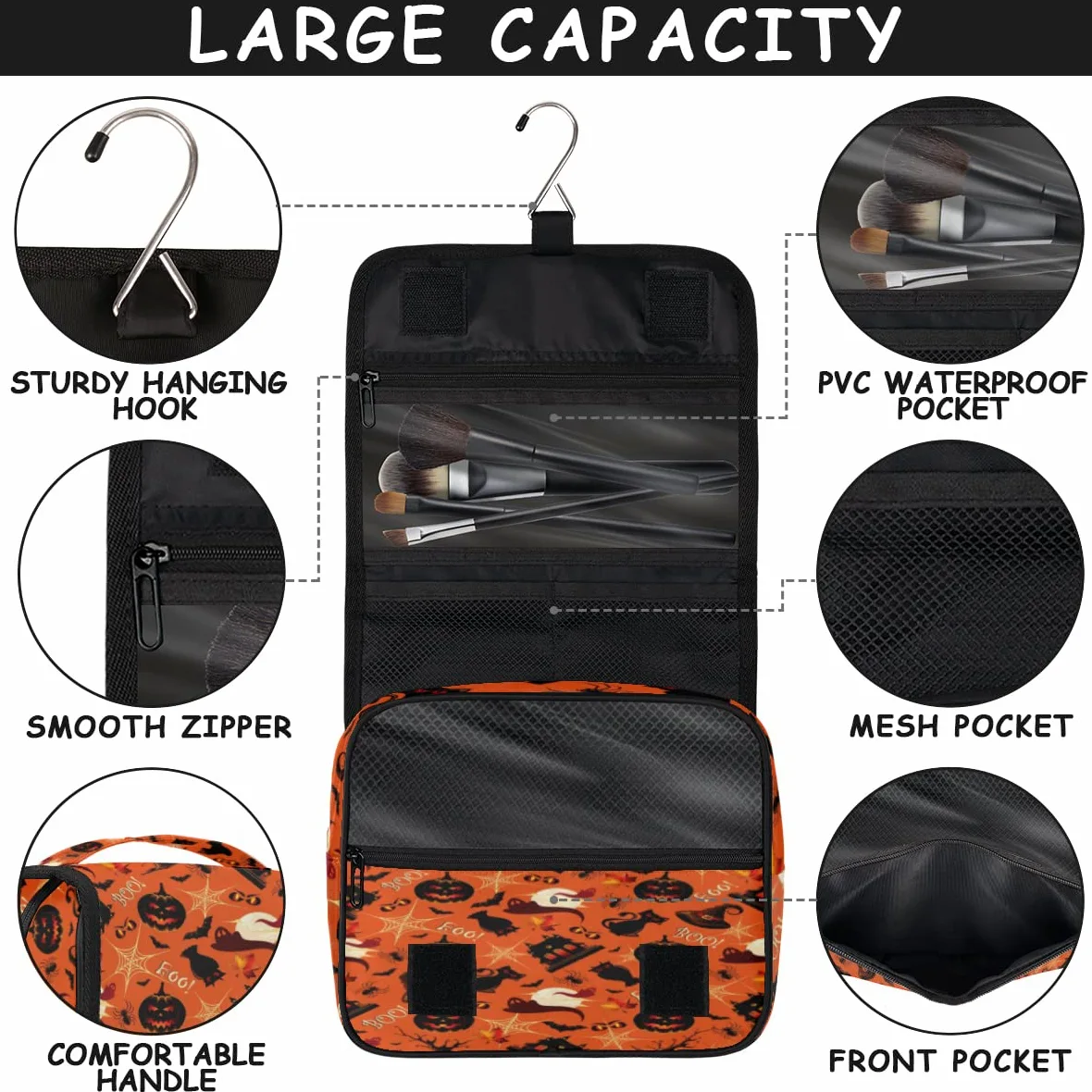 Halloween wzór podróżna kosmetyczka Halloween wzory torba na pranie torebka unisex wiszące przybory toaletowe kosmetyczka organizer do makijażu, wielobarwny, Jeden rozmiar