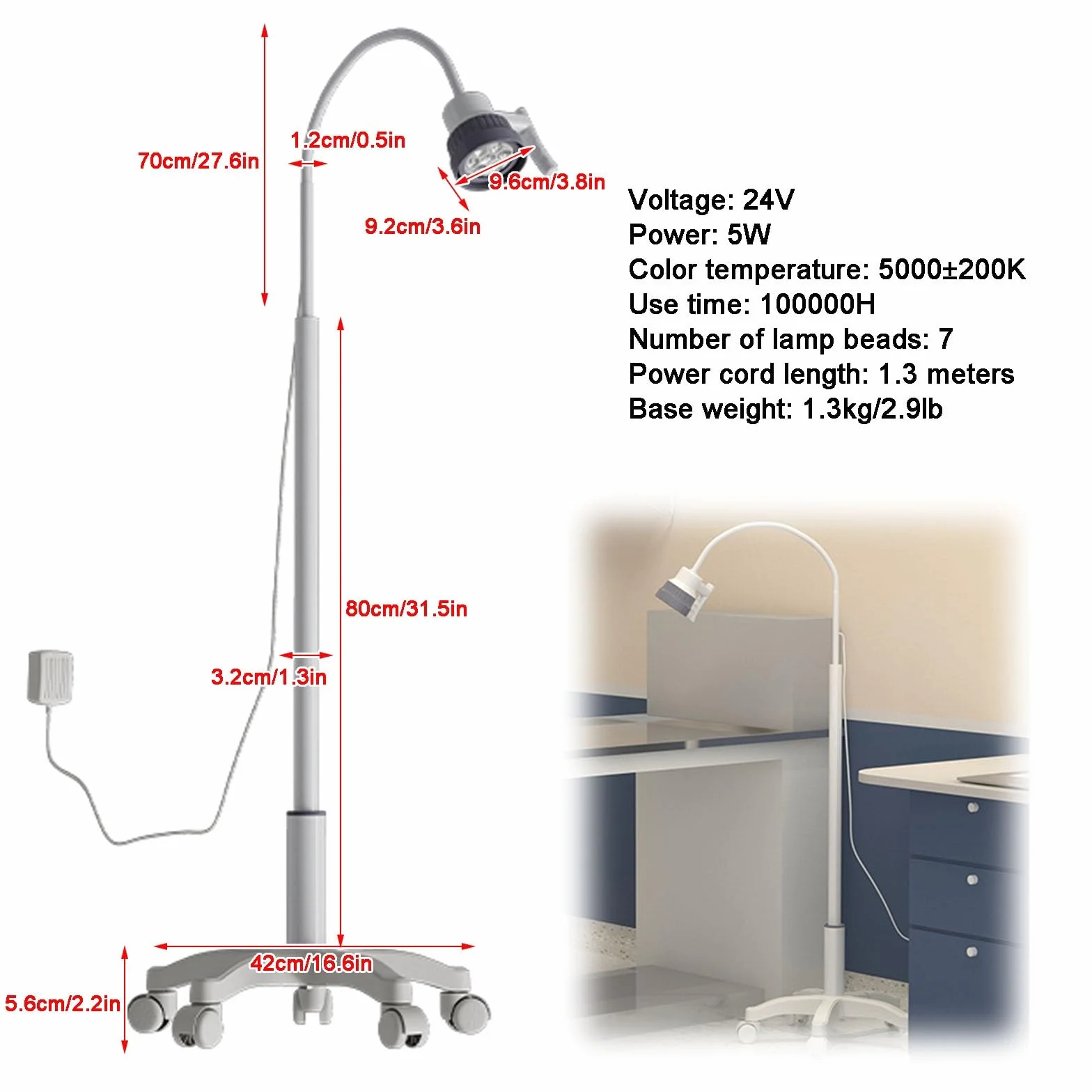 5W Lampa do Badania Medycznego, Lampa do Badania Chirurgicznego LED, z Ruchomą Podstawą i Kółkami, Lampa do Badania Stomatologicznego, Lampa do Badania z Gęsią Szyją