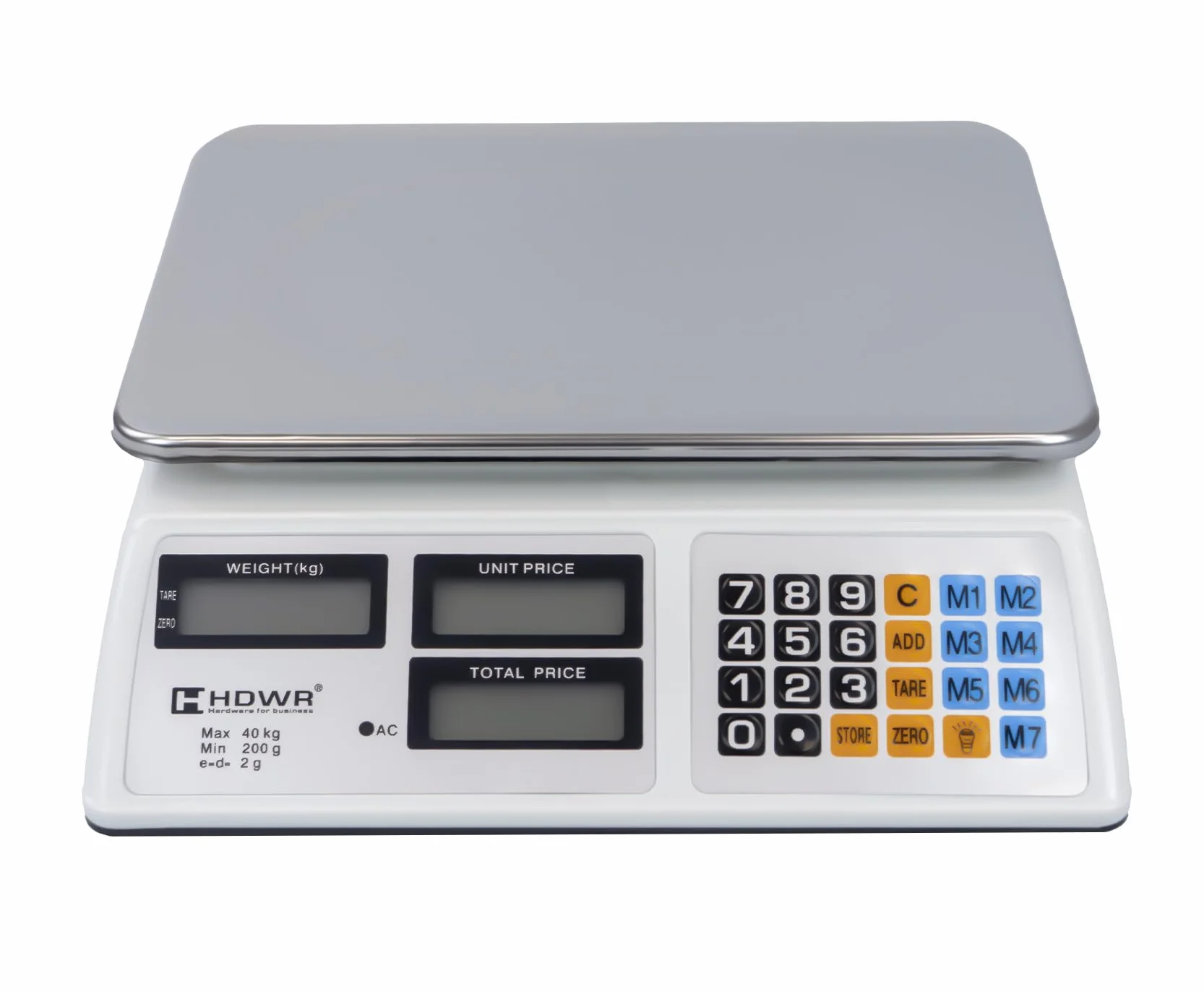 Waga sklepowa, Elektronika, Wyświetlacz cyfrowy, Pojemność ładowania do 40 kg, 3 wyświetlacze, Wymiary platformy 32 x 23 cm, Waga tara, Dokładność 2 gramów, HDWR wagPRO-S40