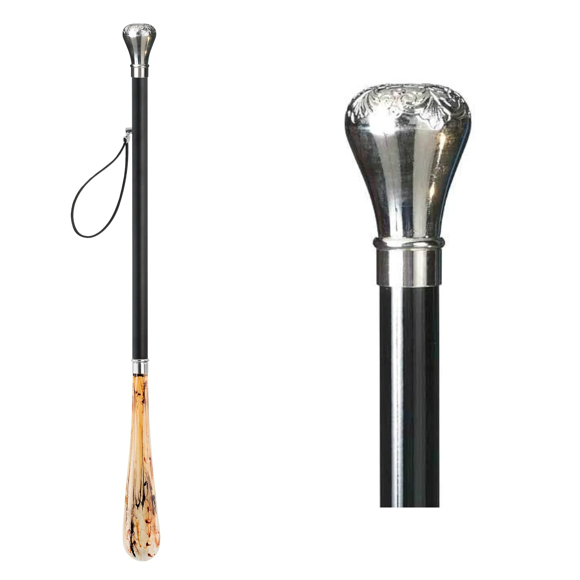 Łyżka do butów 70 cm srebrna gałka czarny drewniany trzonek