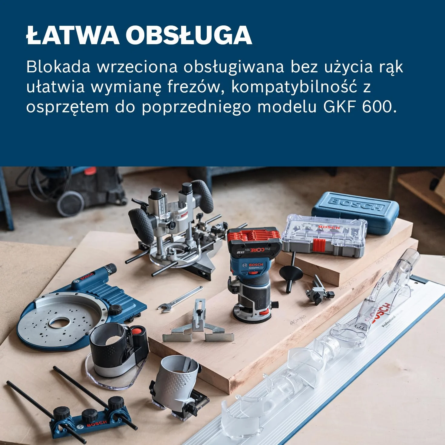 System profesjonalny 18 V firmy Bosch: frezarka akum. GKF 18V-8 (prowadnica równ., 2 adaptery do ods. pyłu – frezowanie, osłona przeciwodpr., tuleja zac. 8 mm, klucz, walizka L-BOXX, bez akum./ład.)