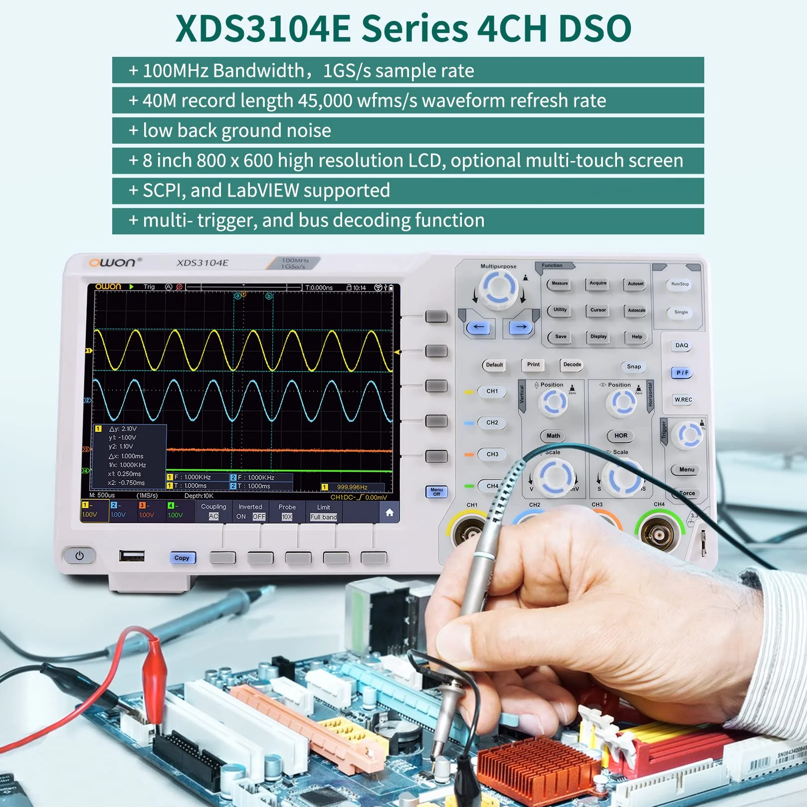OWON XDS3104E oscyloskop LCD o wysokiej rozdzielczości 8" ekran dotykowy, przepustowość 100 MHz i częstotliwość próbkowania 1GS/s częstotliwość odświeżania 45 000 wfms/s przebieg odświeżania z 4CH DSO