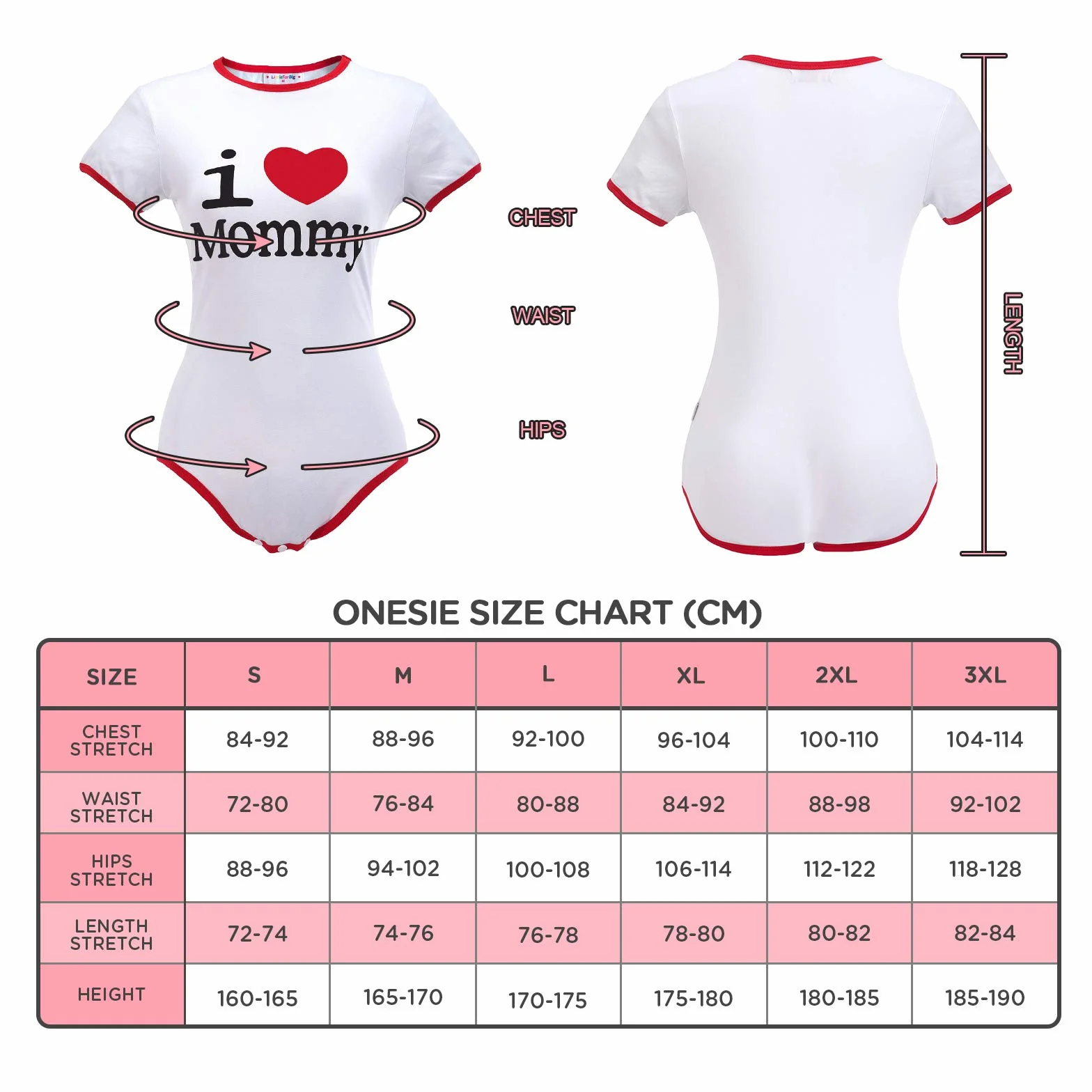 LittleForBig Dorośli Baby miłośnik pieluszek(ABDL) zatrzas w komkroku jednoczęściowy śpioszki-I Love Mommy